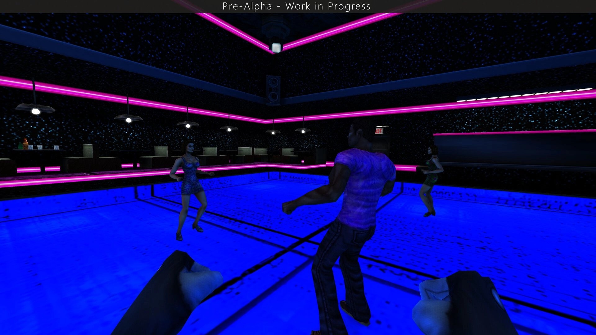 SiN Reloaded: First-person view facing dancers on a neon-lit club dance floor with bar counters behind.