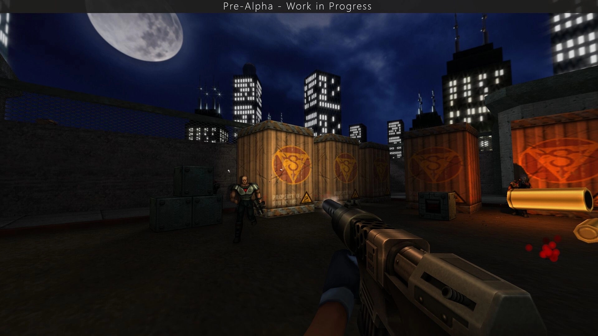 SiN Reloaded: First-person shotgun aimed at armed guard in crate yard under moonlit city skyline.