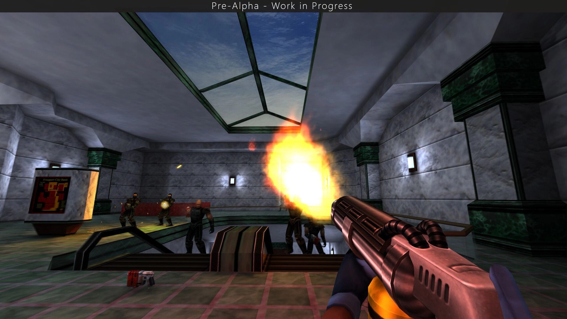 SiN Reloaded: Shotgun muzzle flash firing at armed guards in a marble lobby with skylight ceiling.