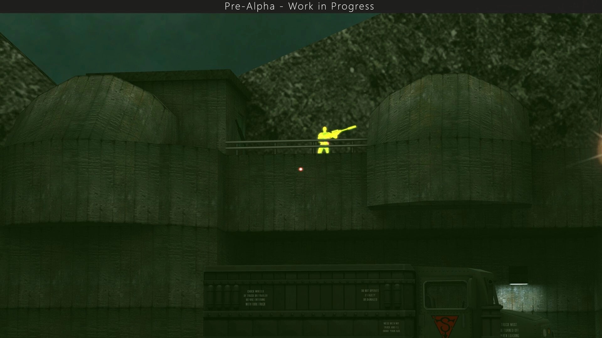 SiN Reloaded: Sniper silhouette highlighted on rooftop catwalk above trucks in foggy industrial yard.