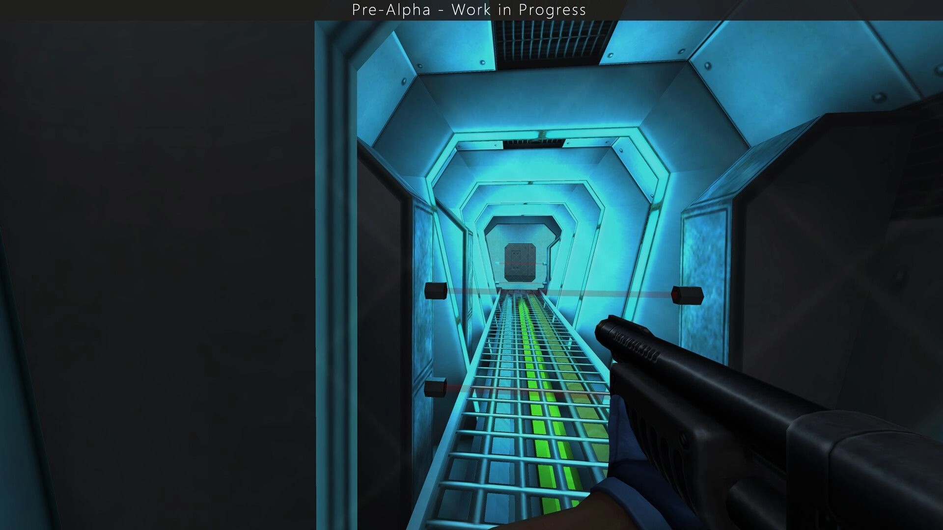 SiN Reloaded: First-person shotgun aimed down a blue-lit metal corridor with grated catwalk flooring.