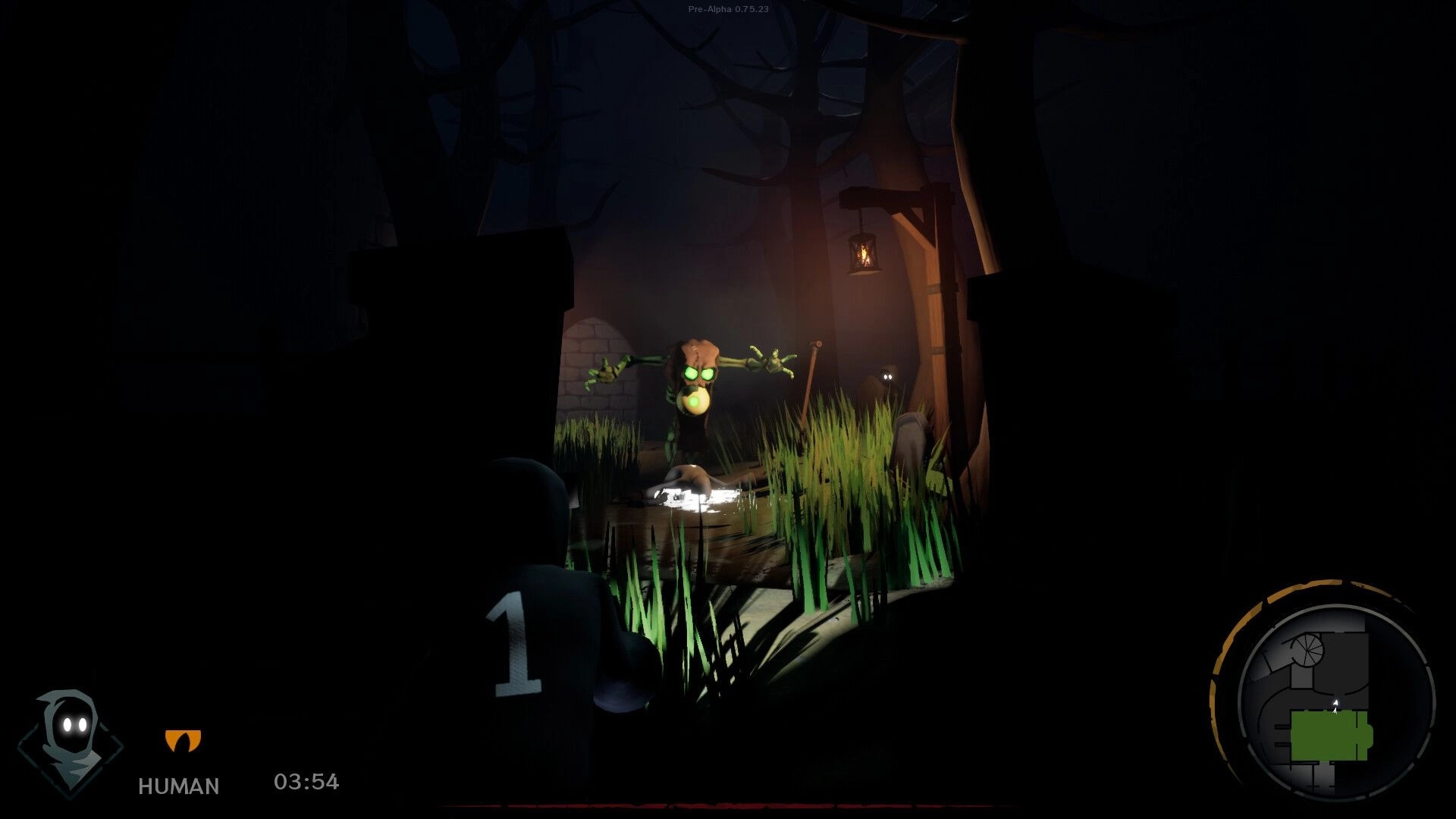 Sincognito: Player approaches glowing-eyed creature in dark forest with timer and map HUD visible