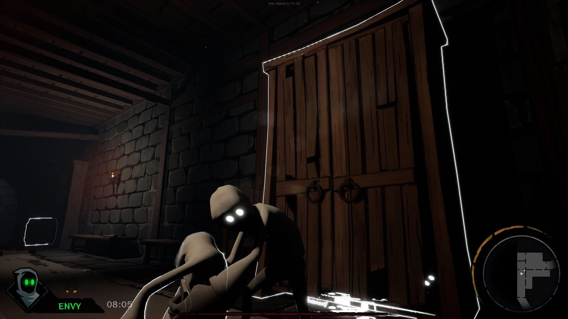 Sincognito: Hooded figure crouching by a wooden door in dimly lit stone corridor, map and timer on HUD.