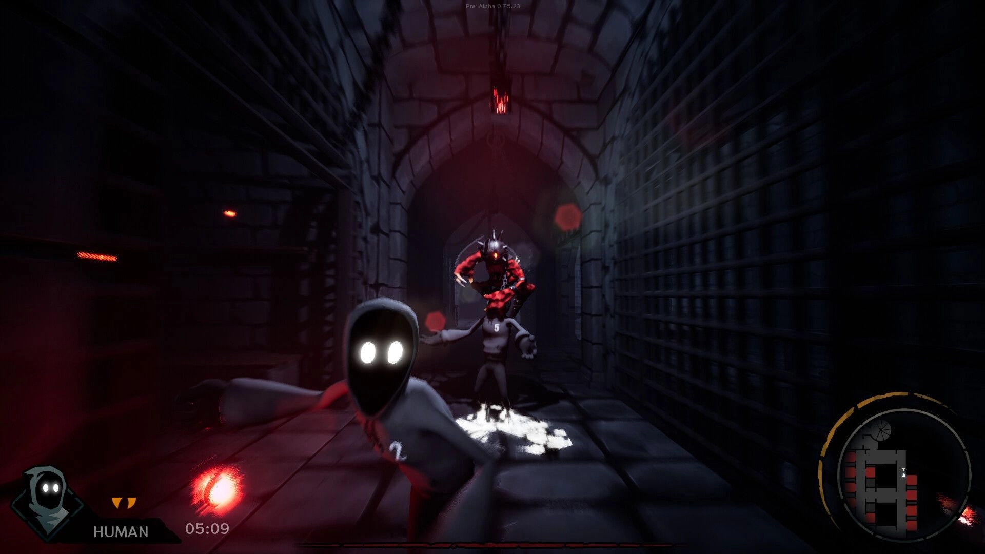 Sincognito: Dark dungeon chase with glowing-eyed figures and combat-ready enemy in a narrow stone corridor.