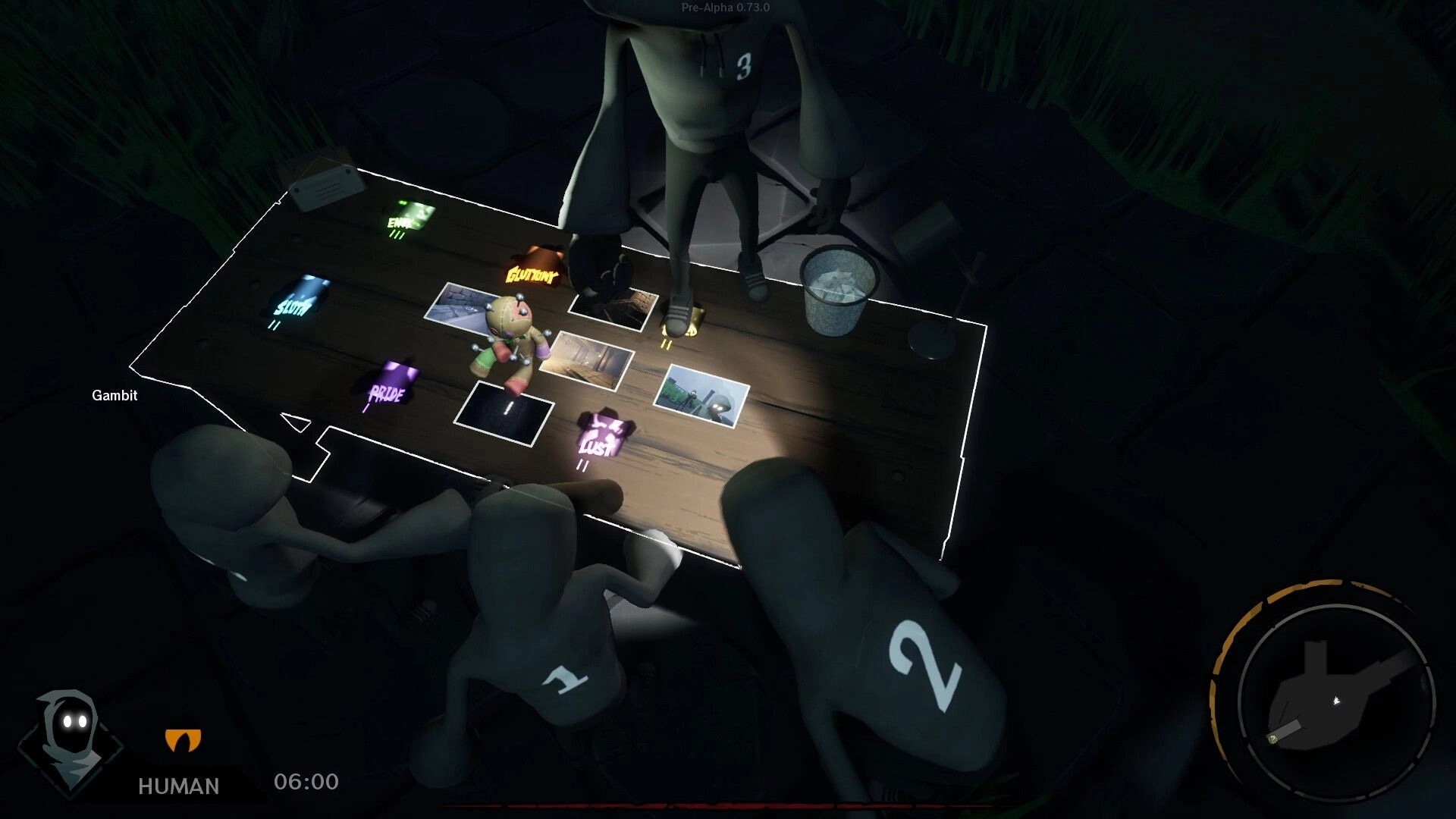 Sincognito: Four players gather around a table examining sin cards and photos in a dimly lit room.