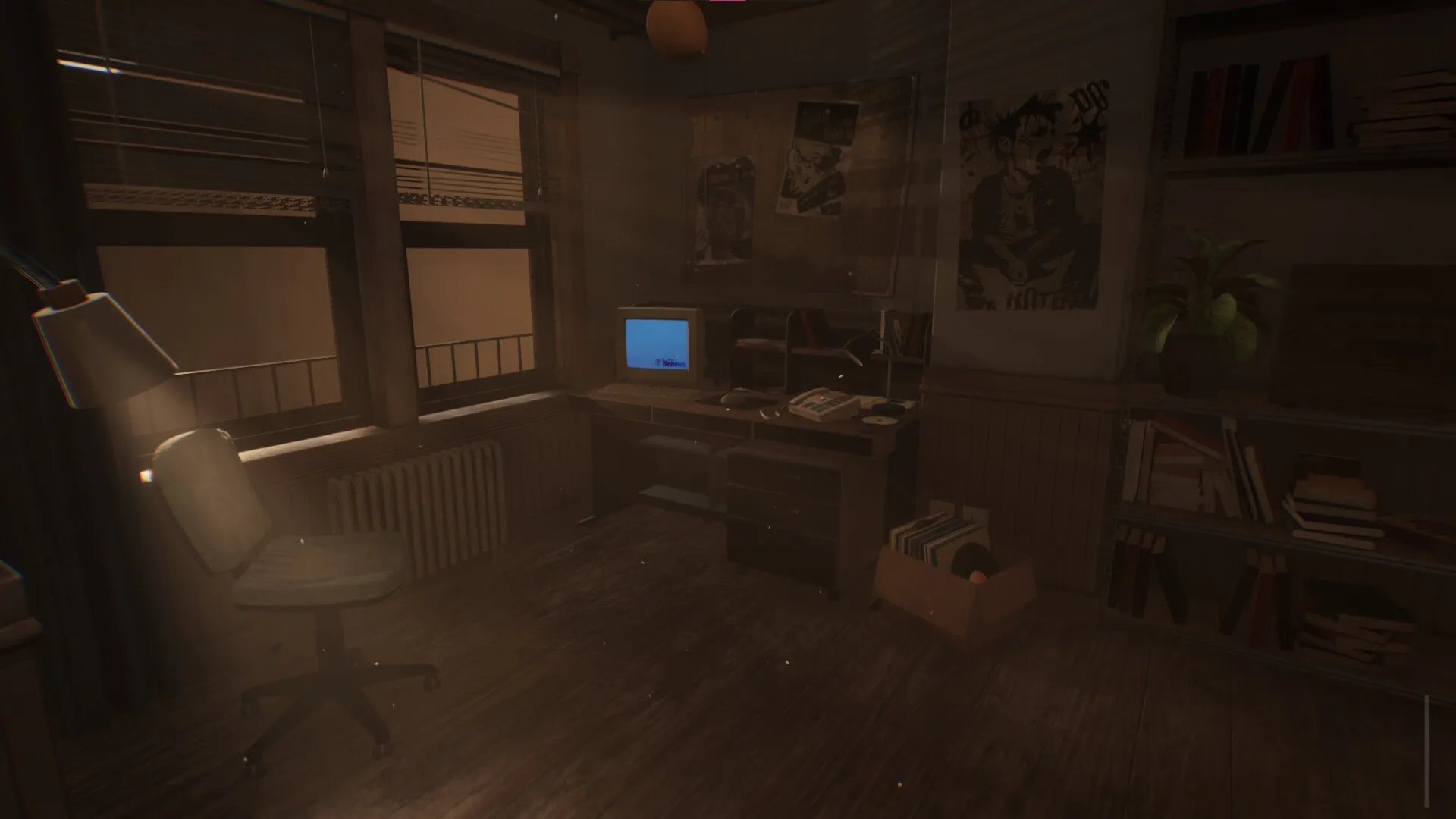 Sinfeld: Dimly lit room with vintage computer and cluttered desk in a moody apartment setting