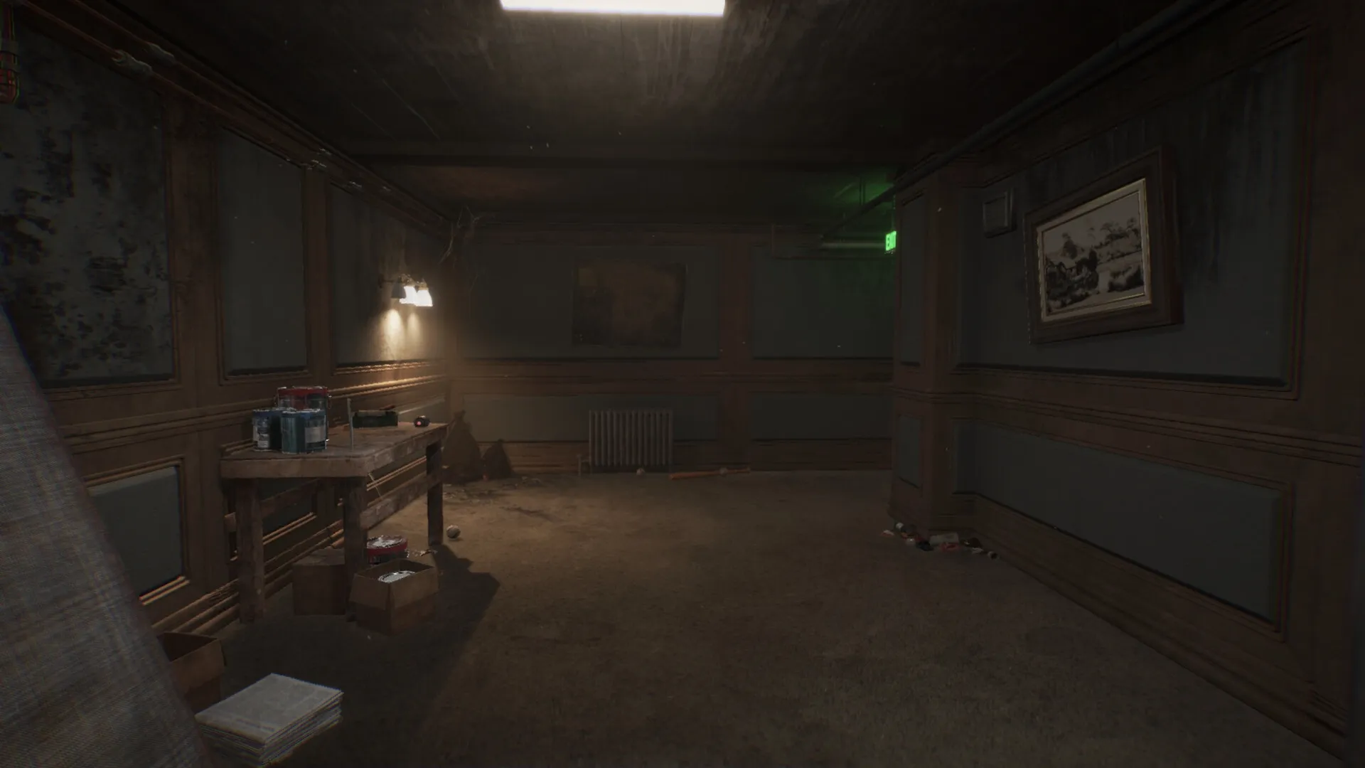 Sinfeld: Dimly lit basement with cluttered workbench and exit sign in eerie, rundown environment
