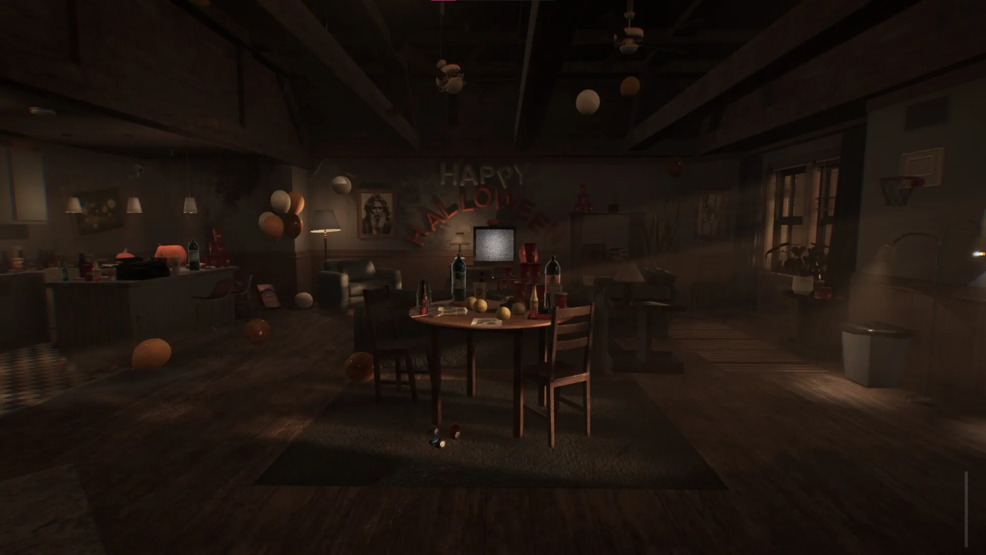 Sinfeld: Dimly lit living room with Halloween decor, scattered bottles, and a static-filled TV.