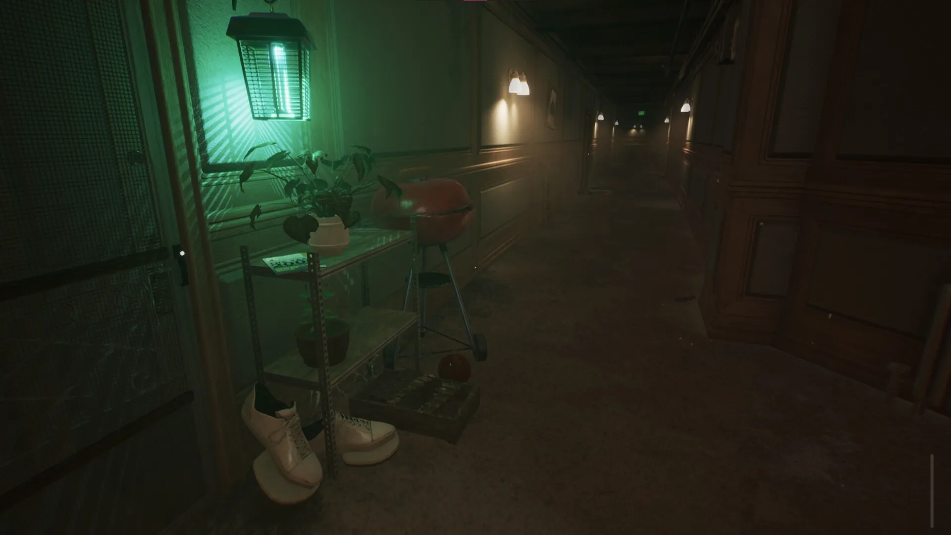 Sinfeld: Dimly lit hallway with green light, scattered shoes, and a barbecue grill creating eerie ambiance