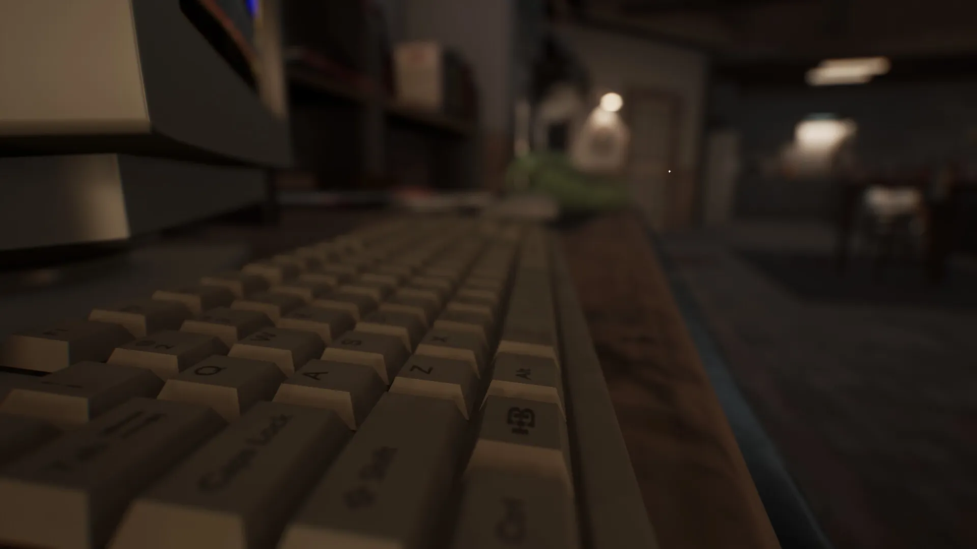 Sinfeld: Close-up of vintage keyboard in dimly lit room with blurred shelves and doorway in background