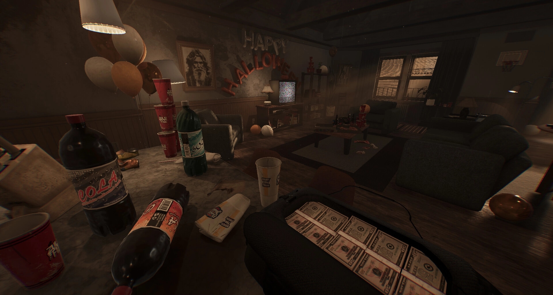 Sinfeld: Cluttered living room with Halloween decor, balloons, soda bottles, and a briefcase of money