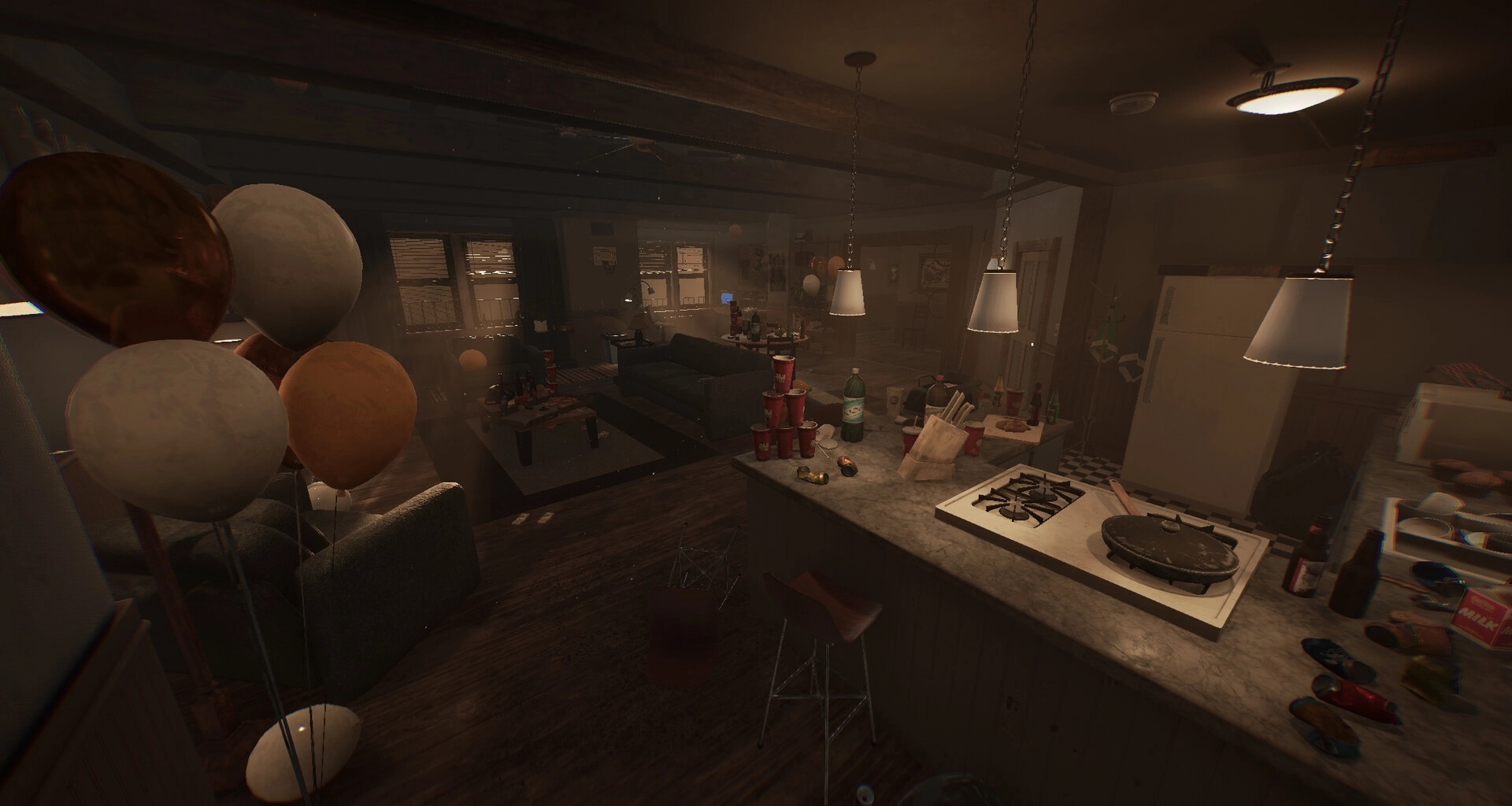 Sinfeld: Cluttered apartment kitchen with balloons, dirty dishes, and scattered party cups