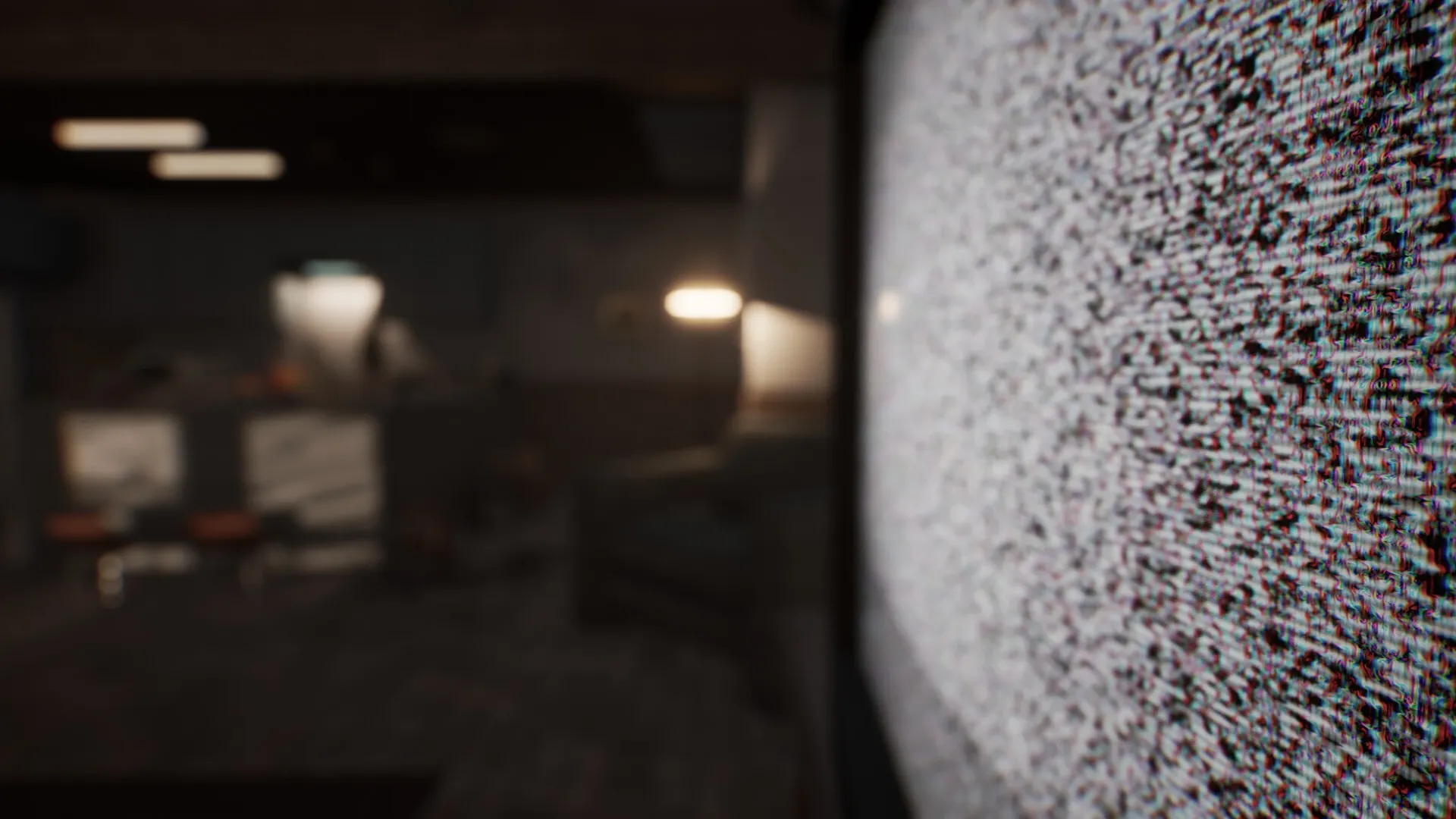 Sinfeld: Static-filled TV screen in a dimly lit living room, creating an eerie, unsettling atmosphere.