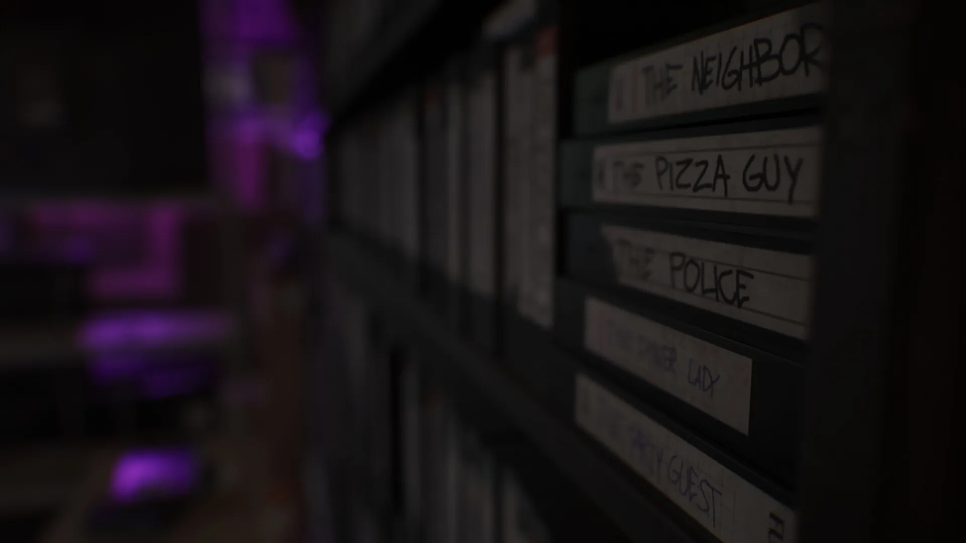Sinfeld: VHS tapes labeled "The Neighbor," "The Pizza Guy," "The Police" on a dimly lit shelf