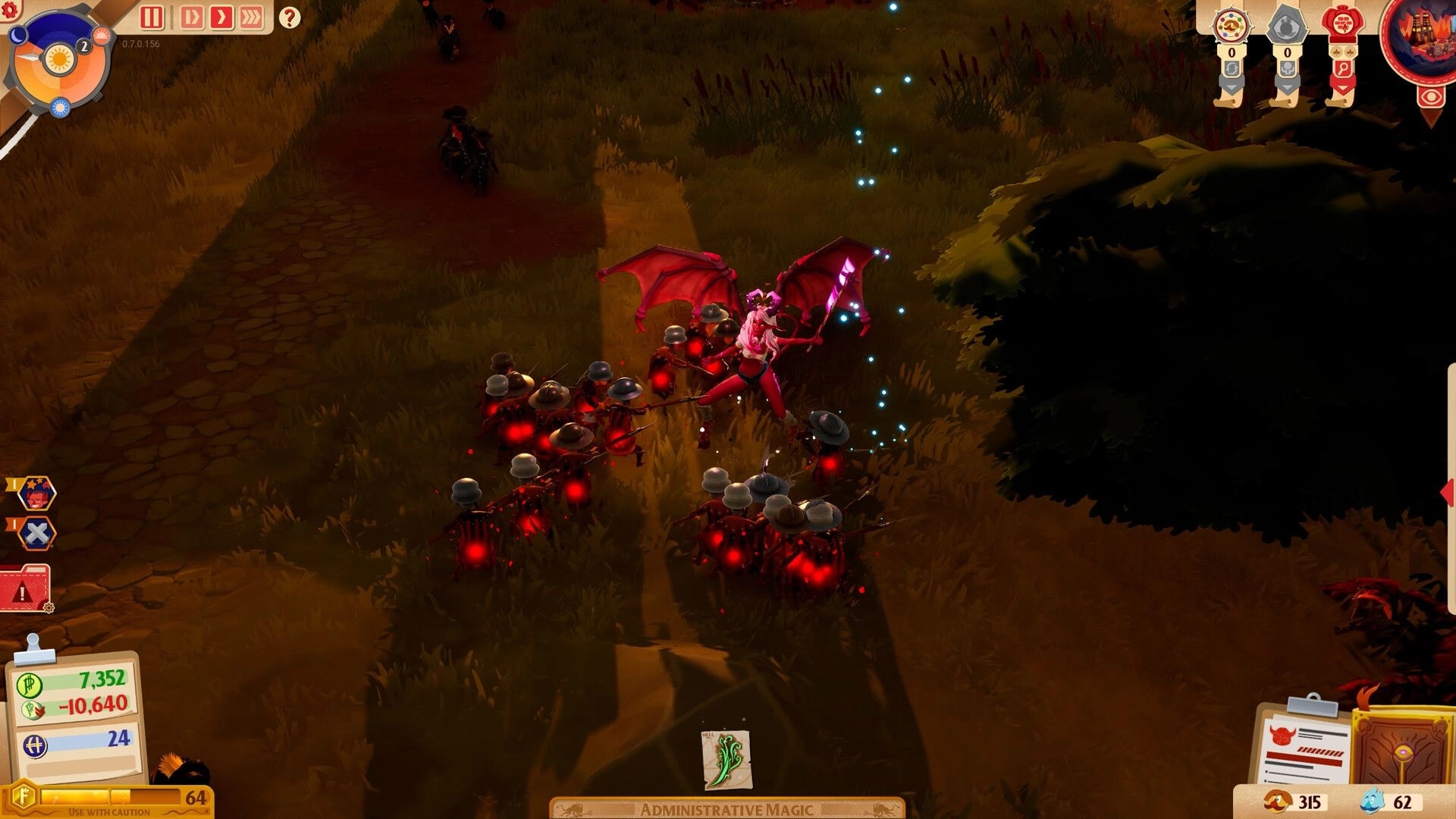Sintopia: Winged demon commands army of red-eyed minions in a dark, grassy battlefield environment.