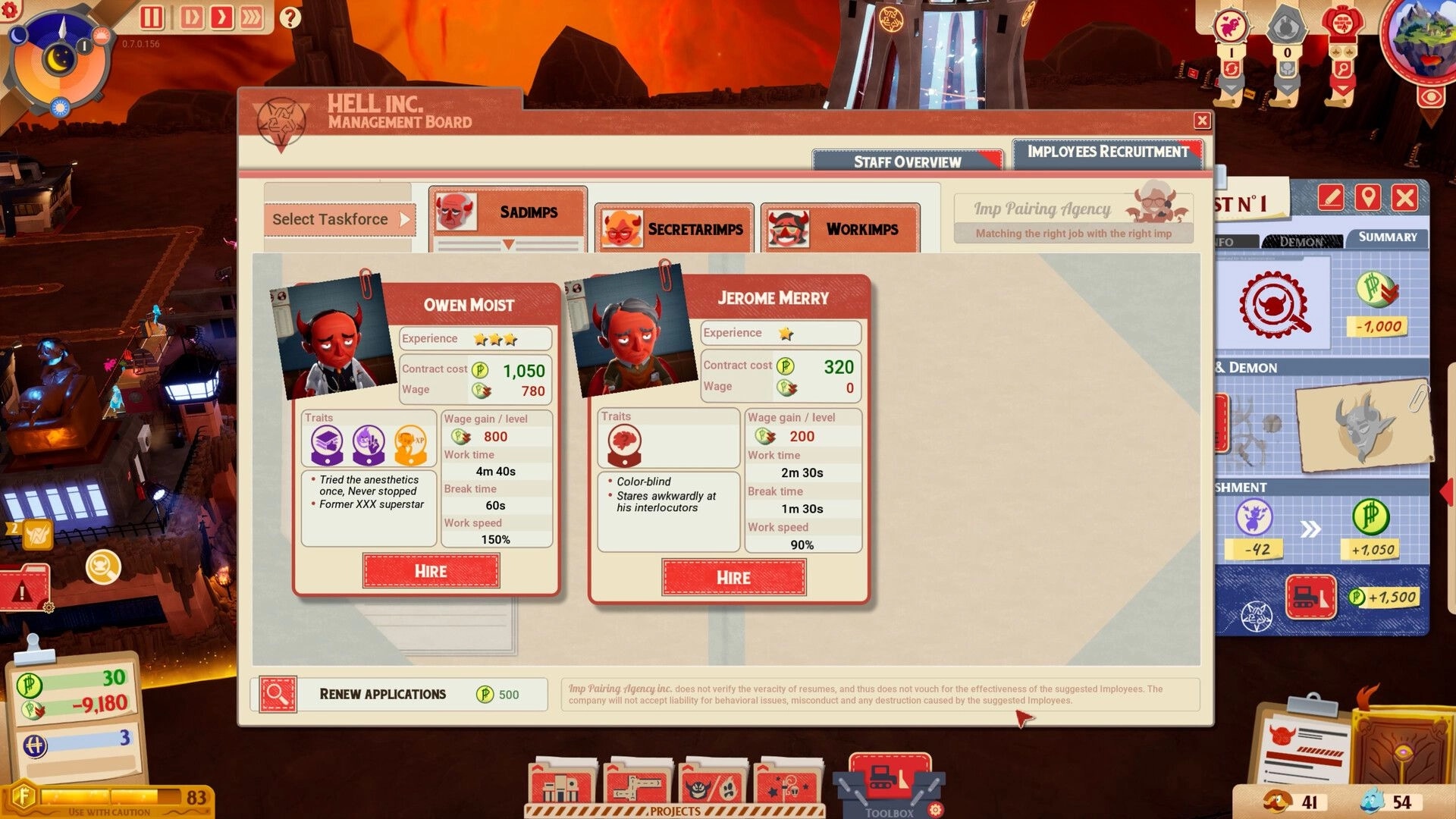 Sintopia: Employee recruitment screen featuring candidates Owen Moist and Jerome Merry in Hell Inc.