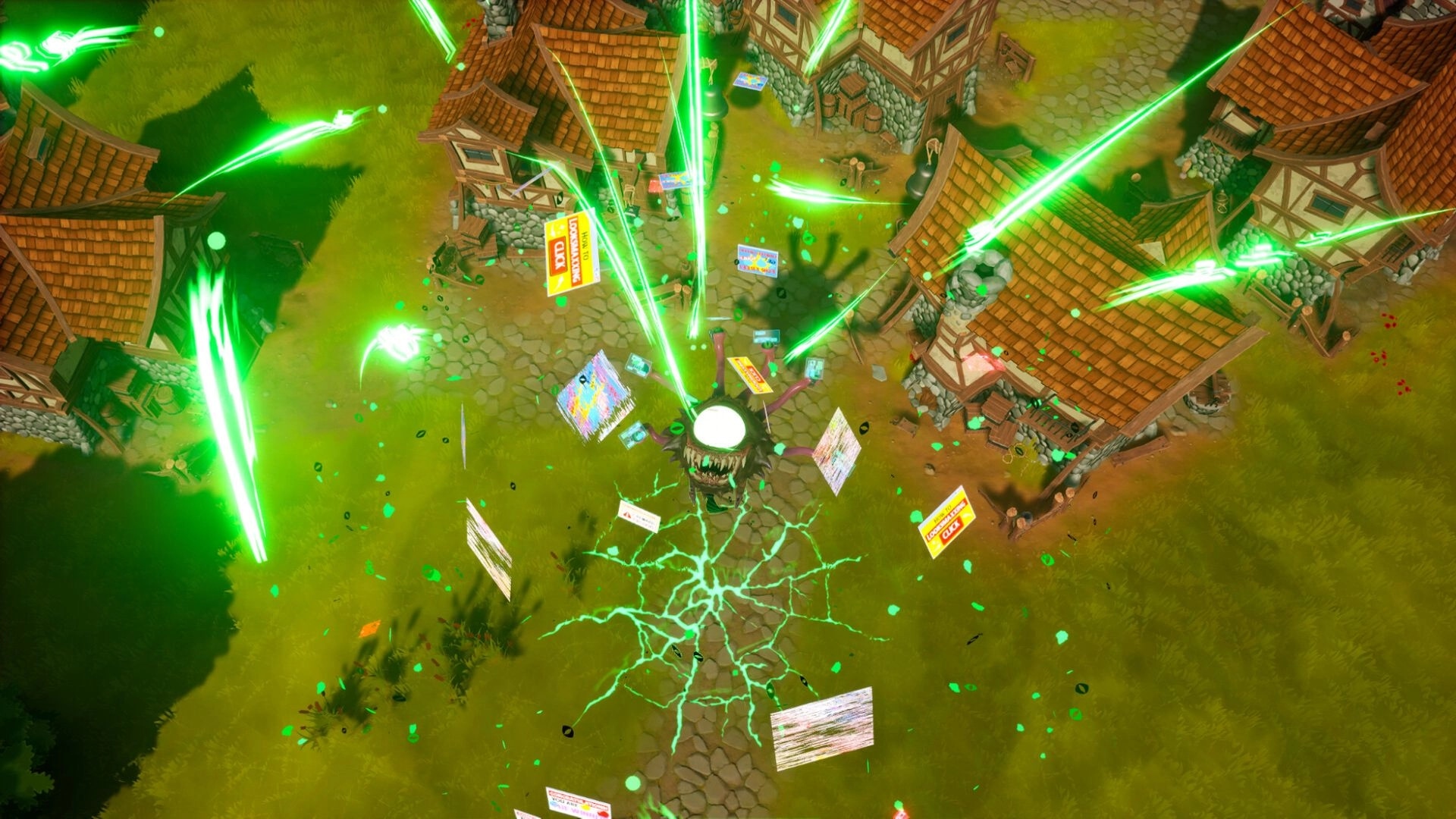 Sintopia: Green energy beams strike village center surrounded by medieval houses and scattered signs.