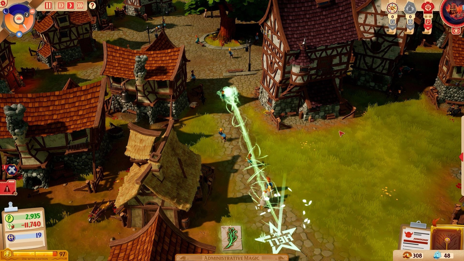 Sintopia: Casting administrative magic in a medieval village setting with vibrant buildings and UI elements.