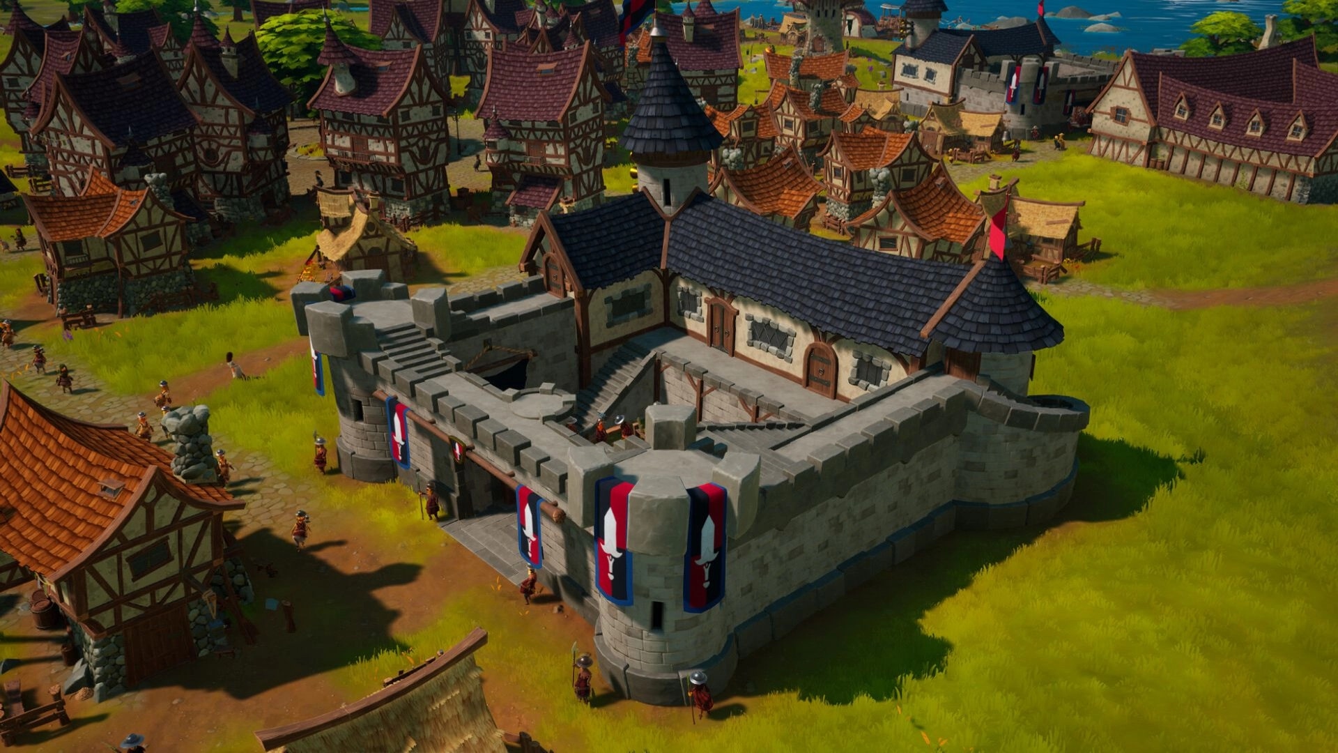 Sintopia: Overhead view of medieval town with fortified castle and surrounding timber-framed houses