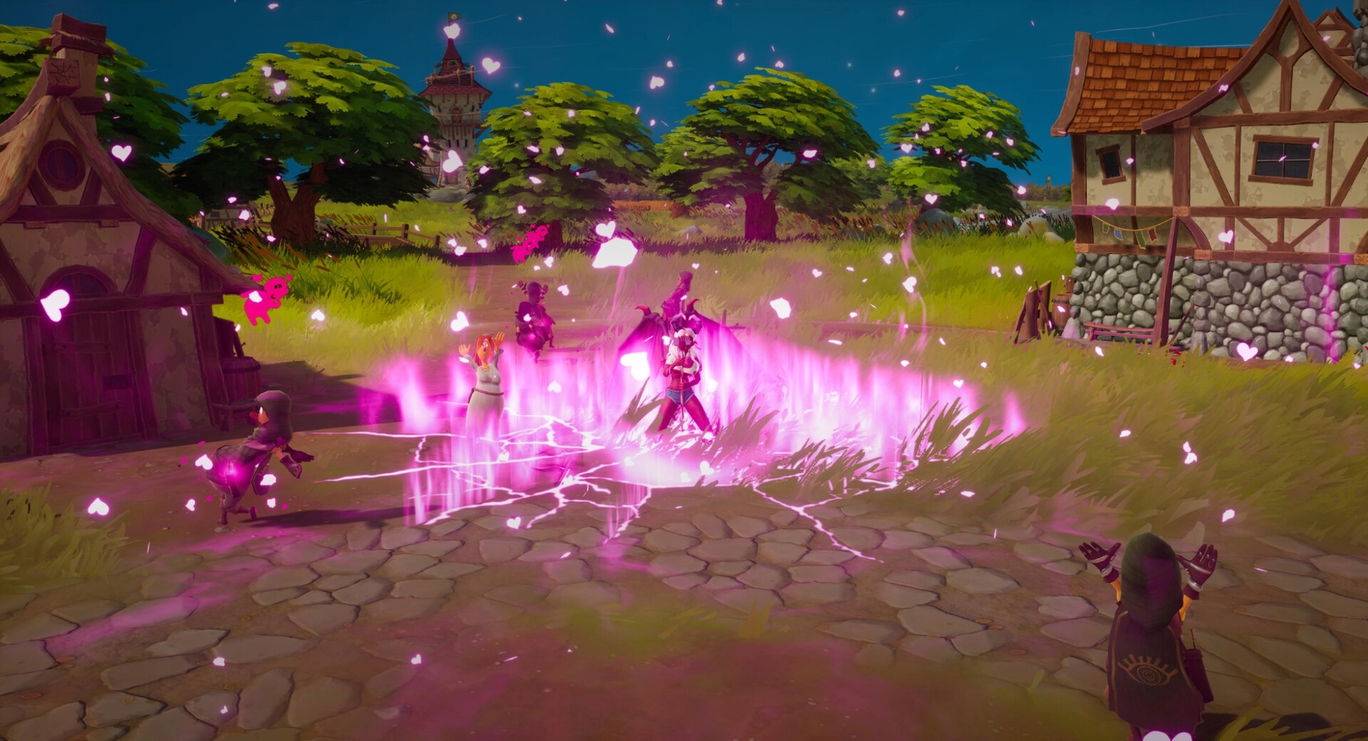 Sintopia: Characters casting pink magic spells surrounded by hearts in a vibrant village setting