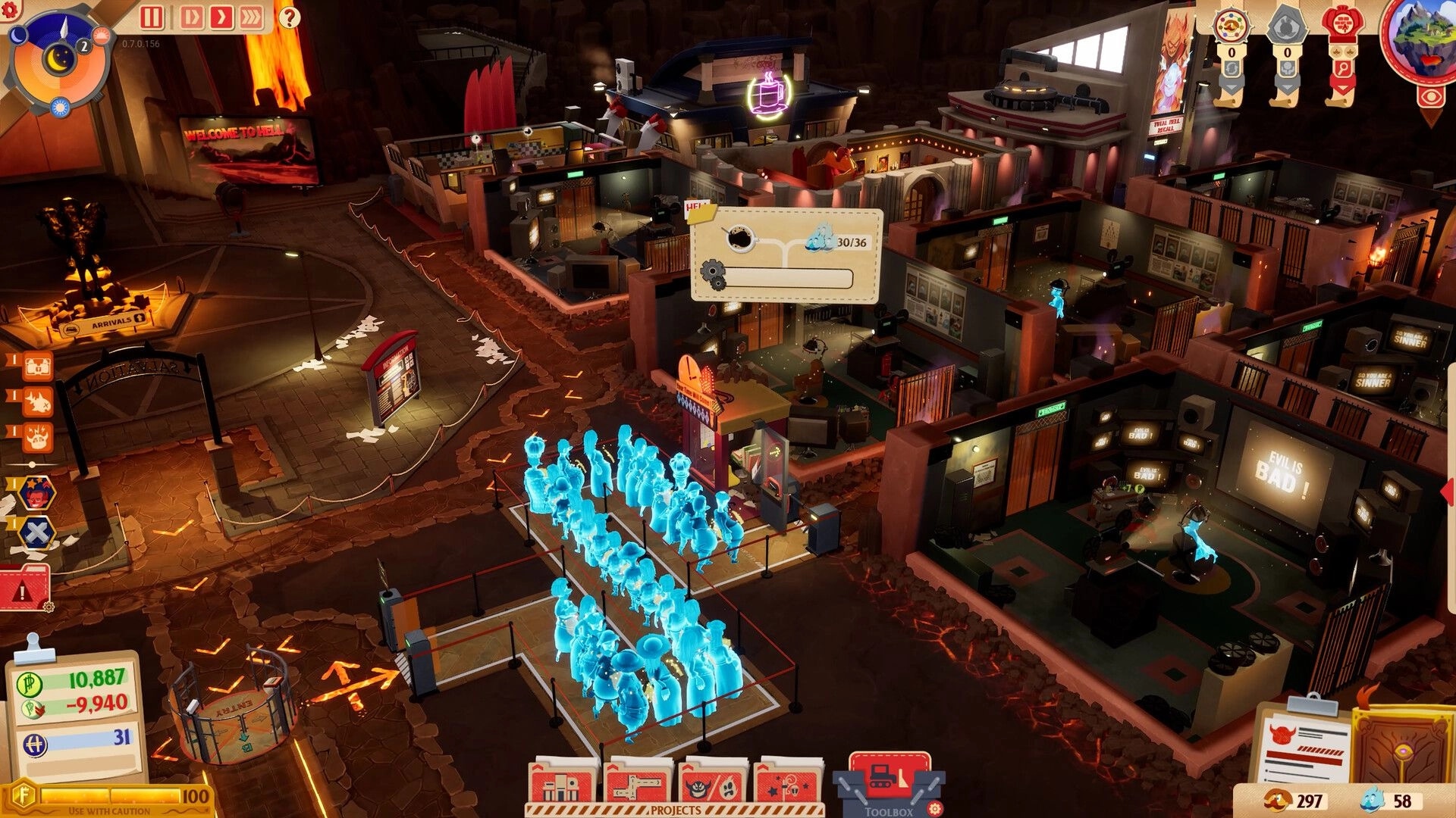 Sintopia: Overhead view of Hell's bustling administration with glowing sinners queued for processing