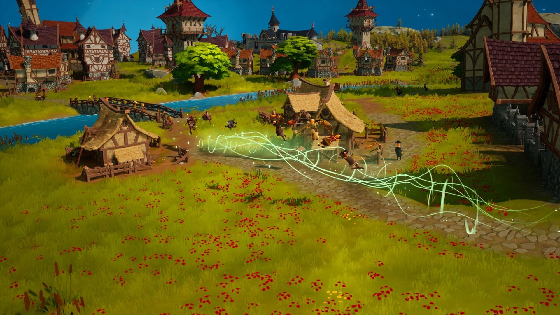 Sintopia: Villagers lifted by green energy in a vibrant medieval town scene