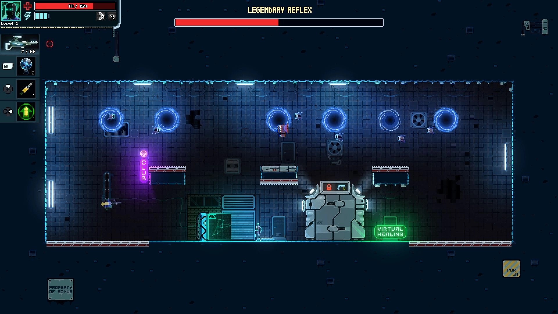 Sinus: Player explores neon-lit cyberpunk club with portals, weapons, and health status displayed.