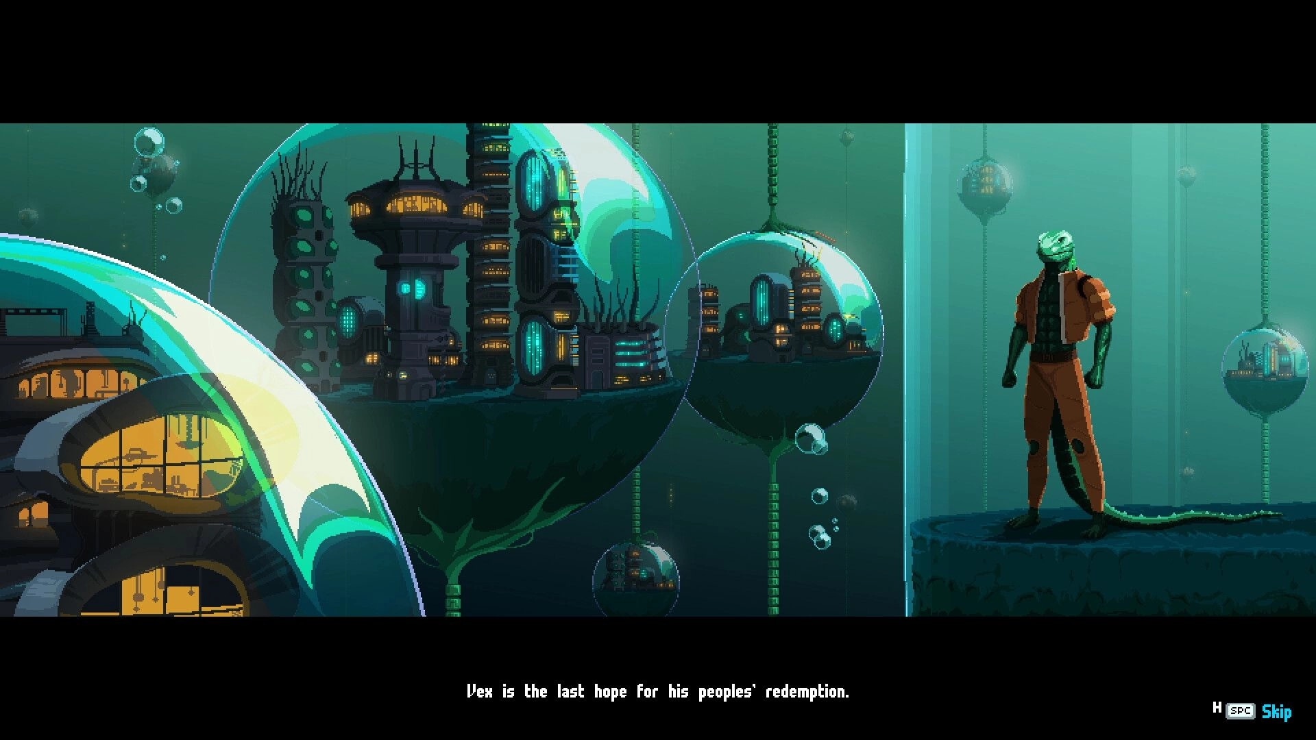 Sinus: Vex stands on platform overlooking futuristic city enclosed in transparent domes underwater.