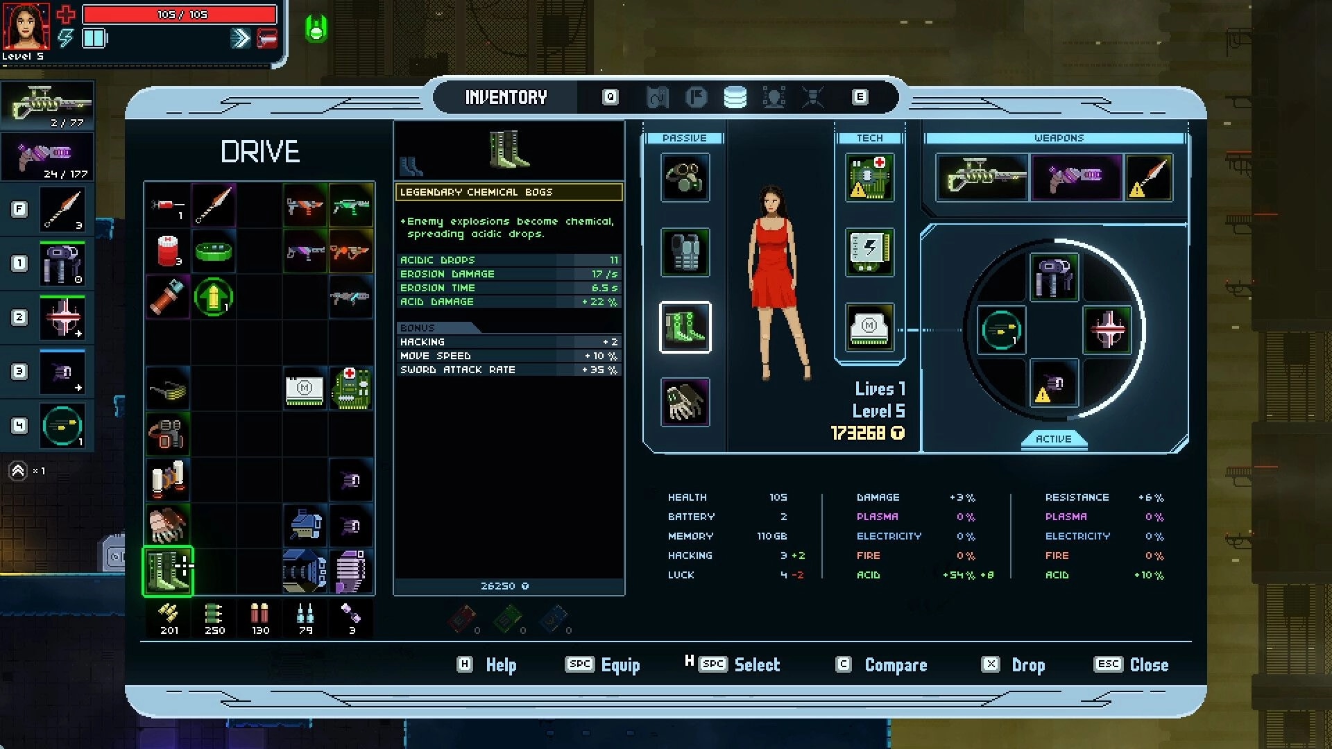 Sinus: Inventory screen with character stats, weapons, and items displayed in a cyberpunk interface.