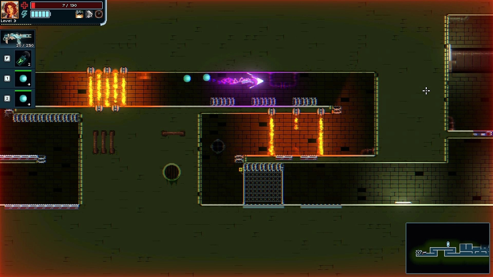 Sinus: Player navigates fiery corridor with health bar and map visible in a cyberpunk dungeon setting.