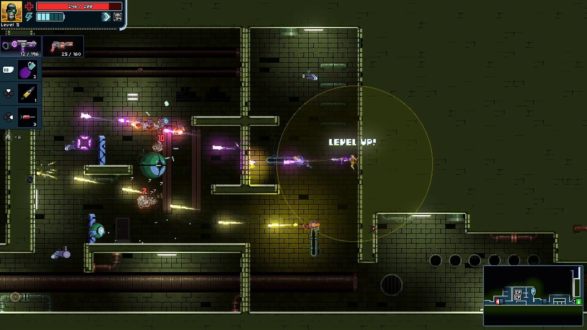 Sinus: Player engages in combat with enemies, using turrets in a dark, maze-like cyberpunk environment.