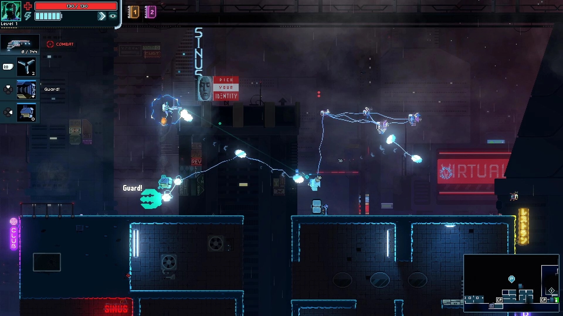 Sinus: Combat scene with player controlling turrets and engaging enemies in a neon-lit cyberpunk city.