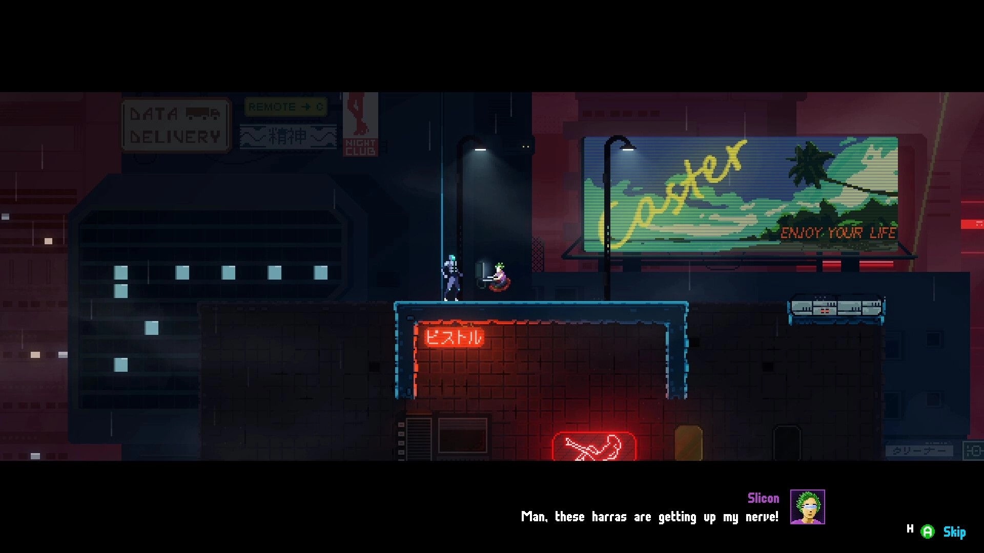 Sinus: Two characters stand under streetlights on a neon-lit rooftop with a city billboard backdrop.