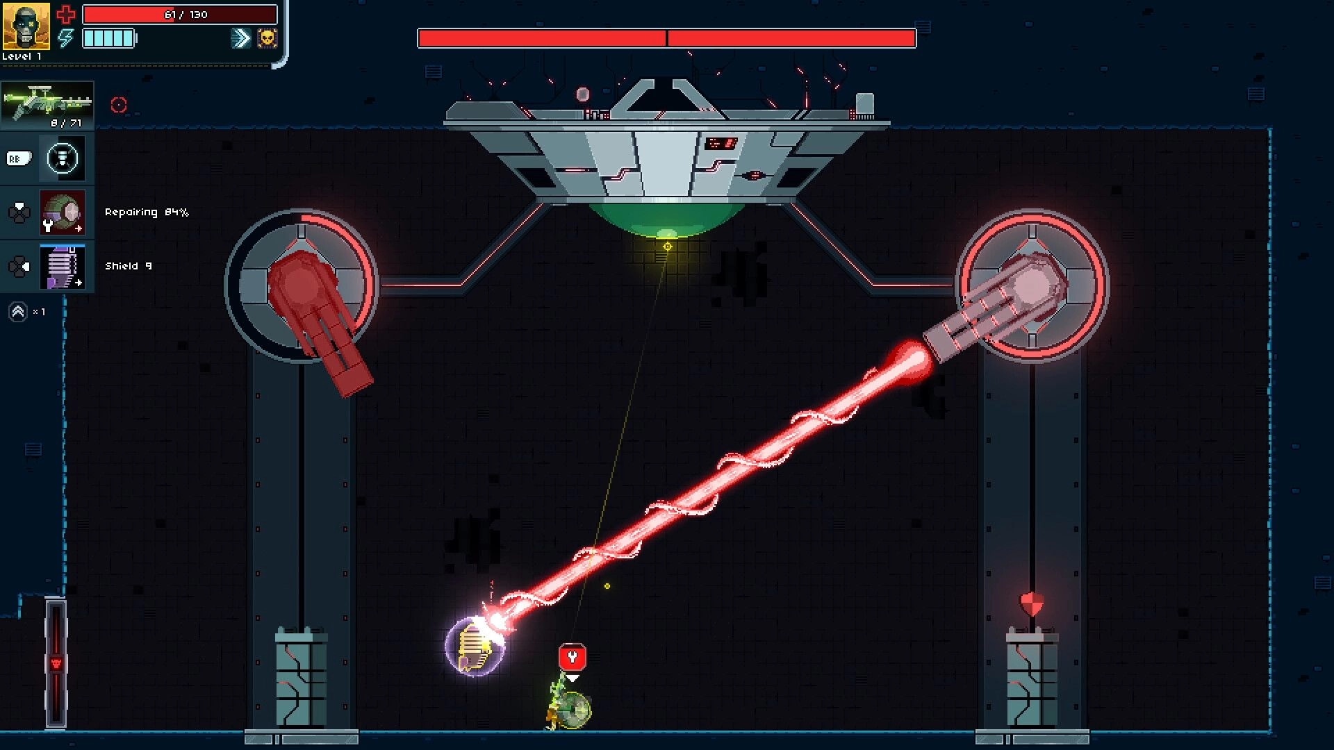 Sinus: Player in combat dodging laser from turret in dark cyberpunk arena environment
