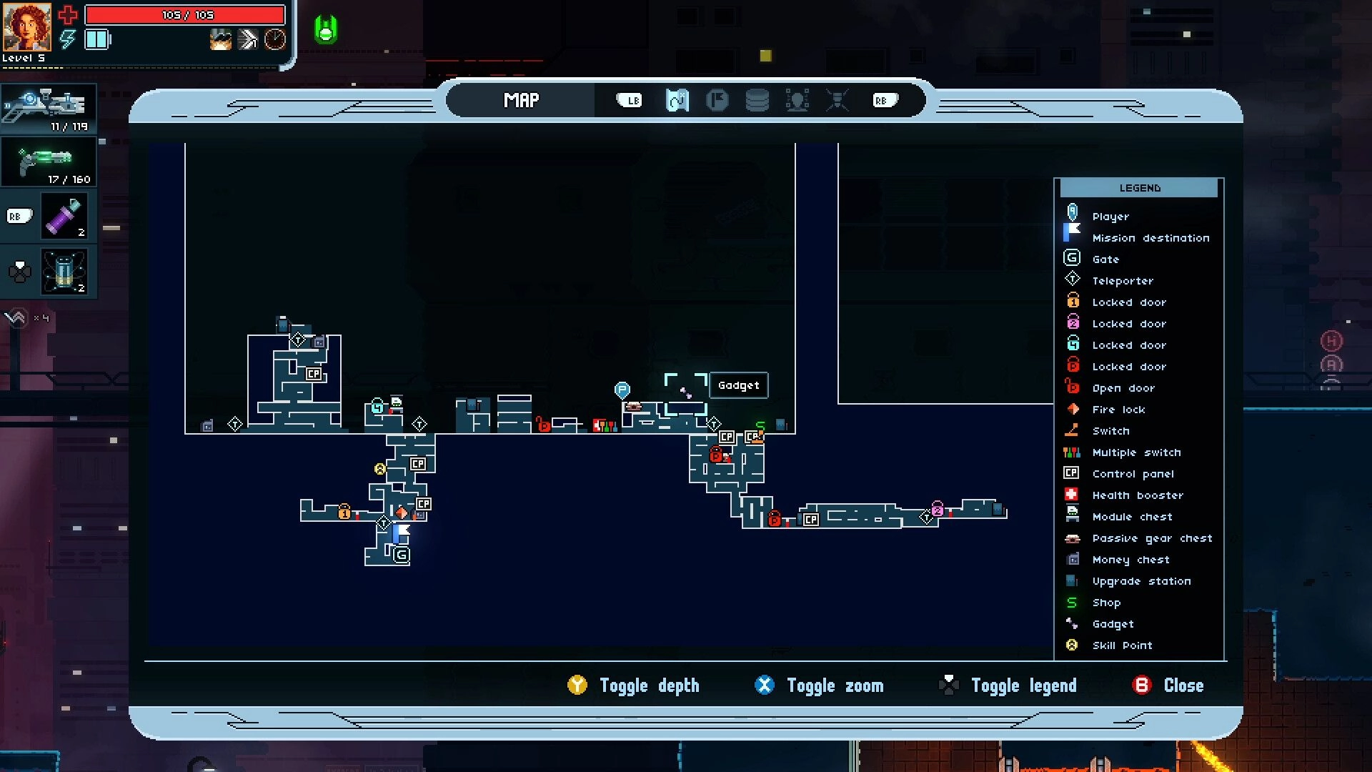 Sinus: Map interface with detailed legend, player location, and various icons in a cyberpunk environment.