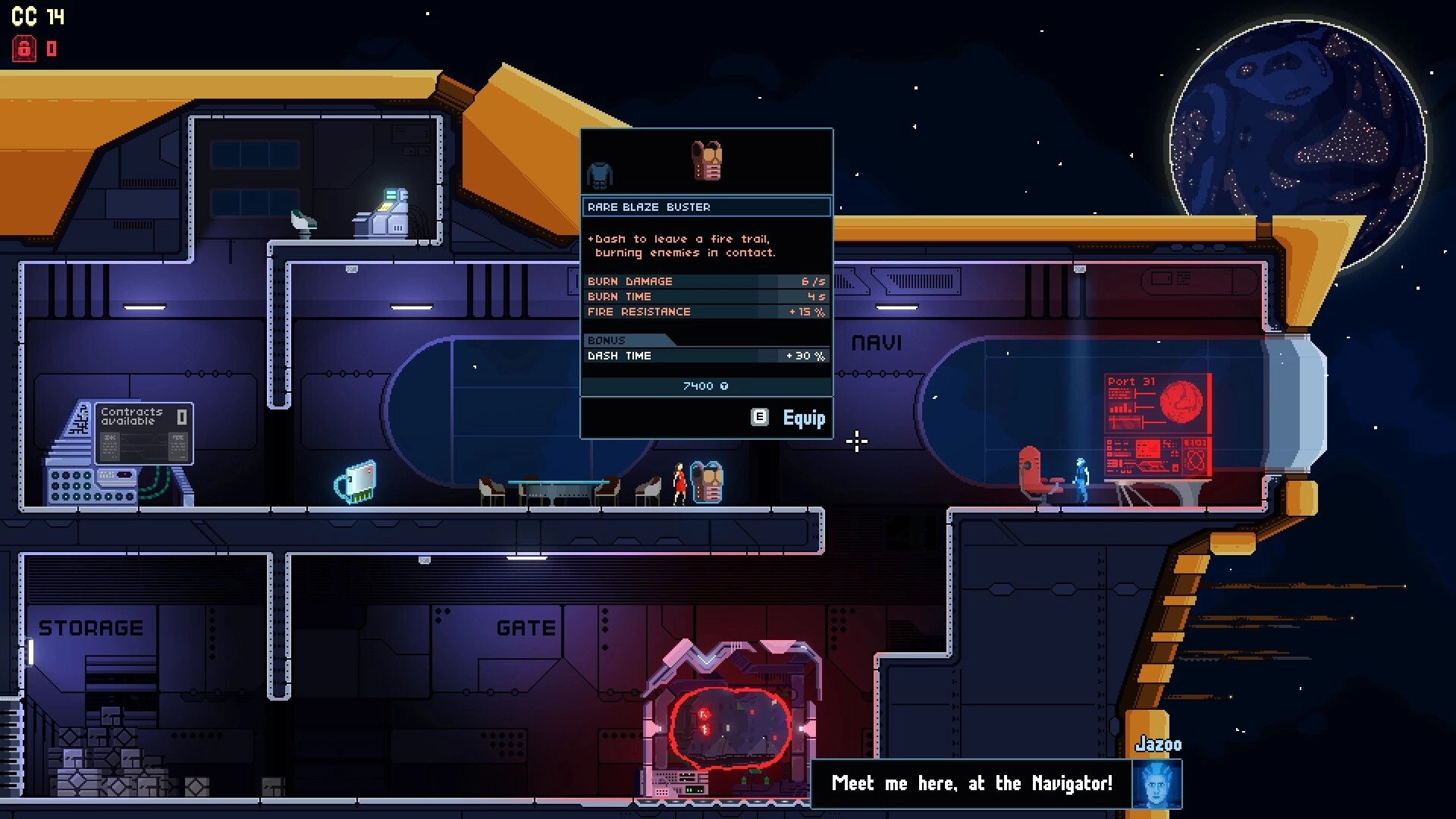 Sinus: Character examines Rare Blaze Buster stats in a futuristic spaceship with contracts available.