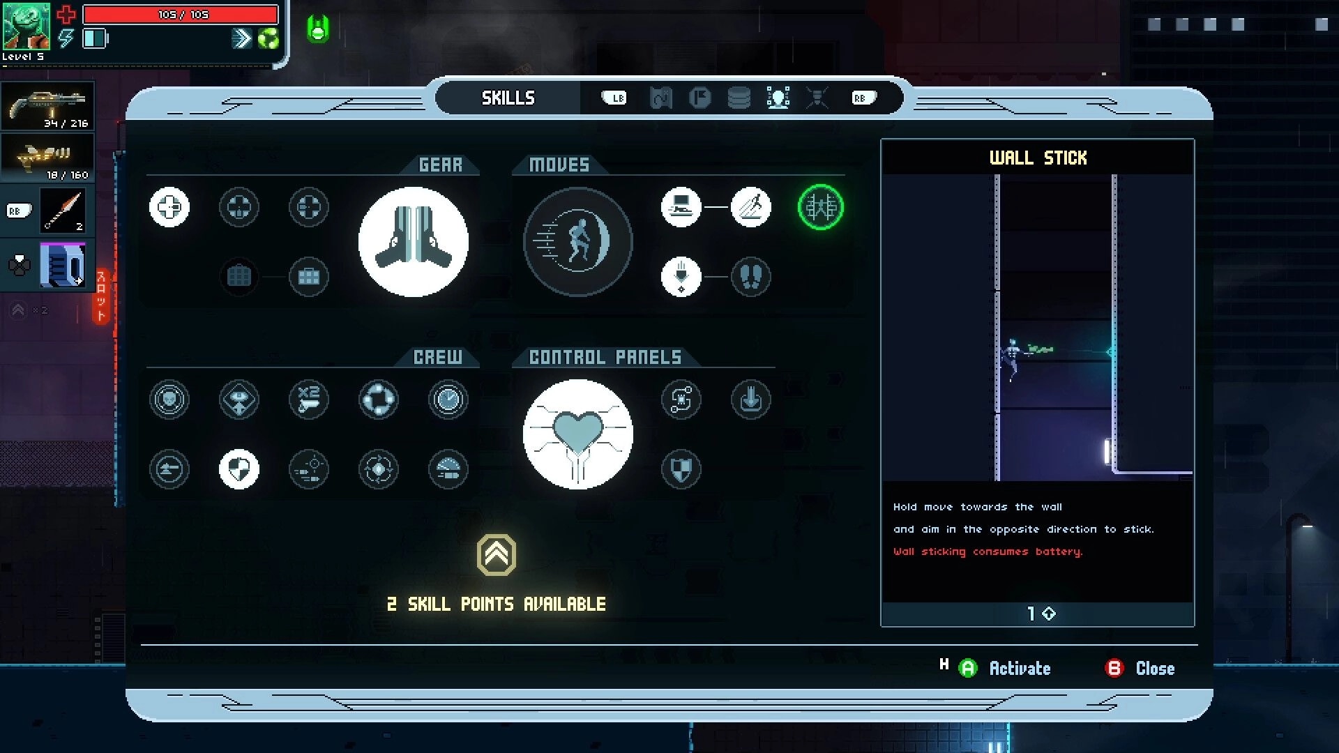 Sinus: Skill menu with gear and crew options, showing Wall Stick ability and two skill points available.