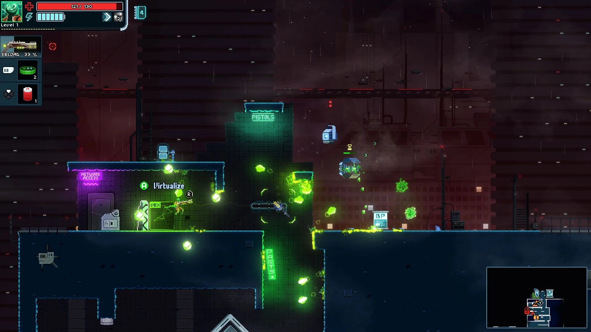Sinus: Player hacks turret in neon-lit cyberpunk cityscape with health bar and inventory visible