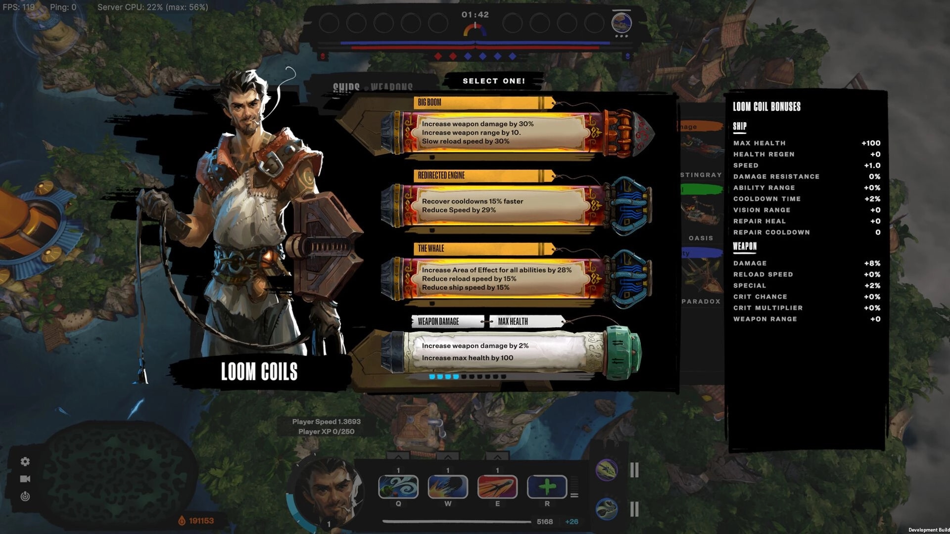 Sirocco: Loom Coils character with ability selection screen over island arena map