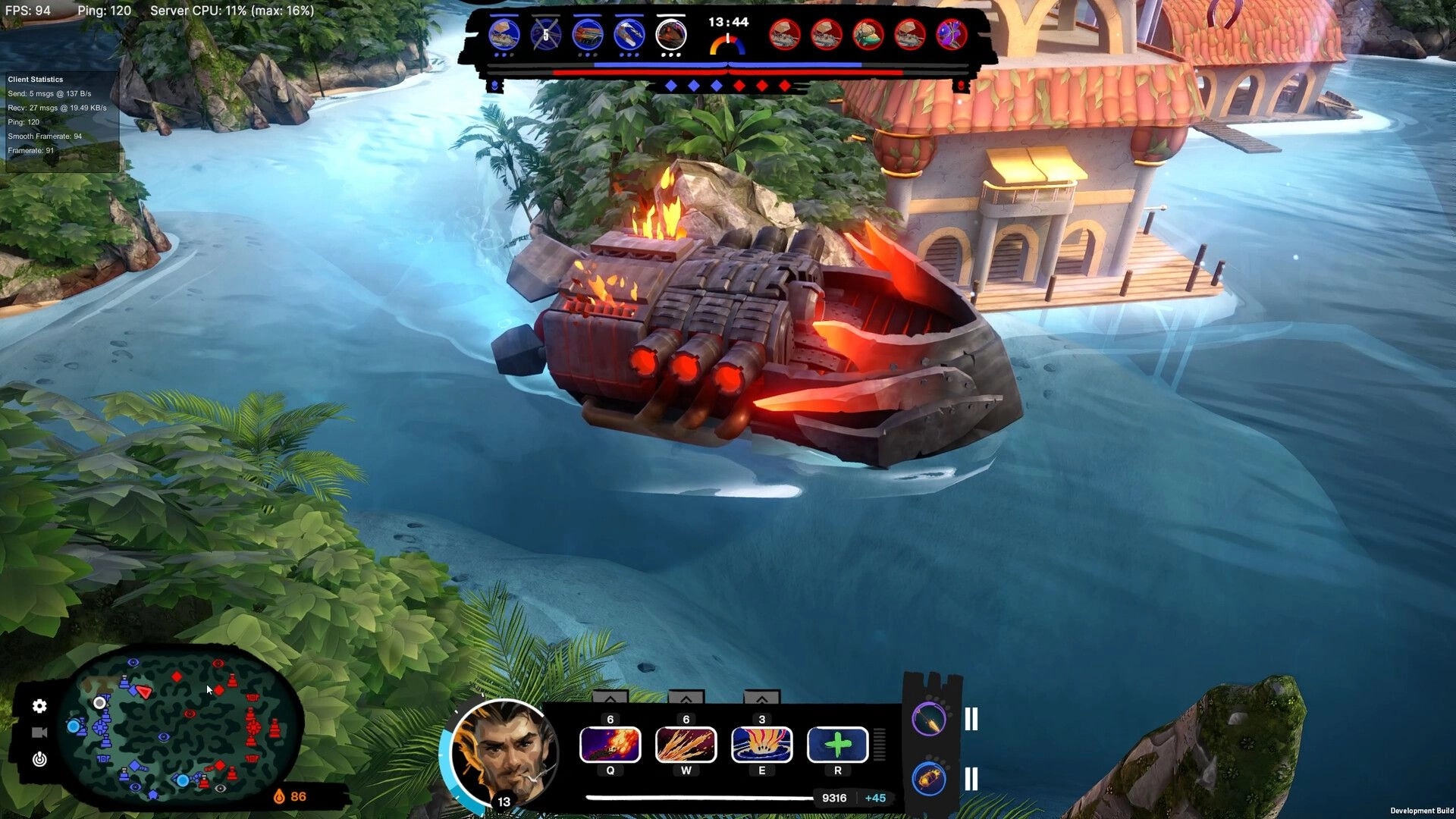Sirocco: Battle ship navigating tropical waters with HUD showing abilities and minimap in 5v5 arena.
