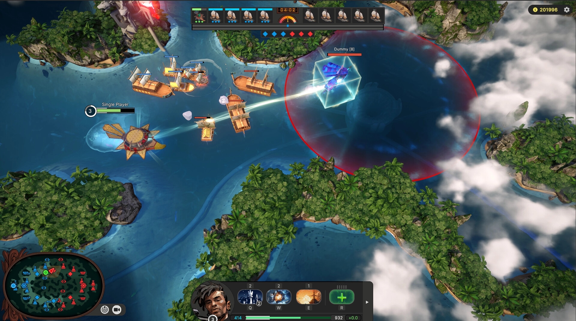 Sirocco: Naval battle with ships firing at a shielded enemy in a lush island arena with tactical UI.