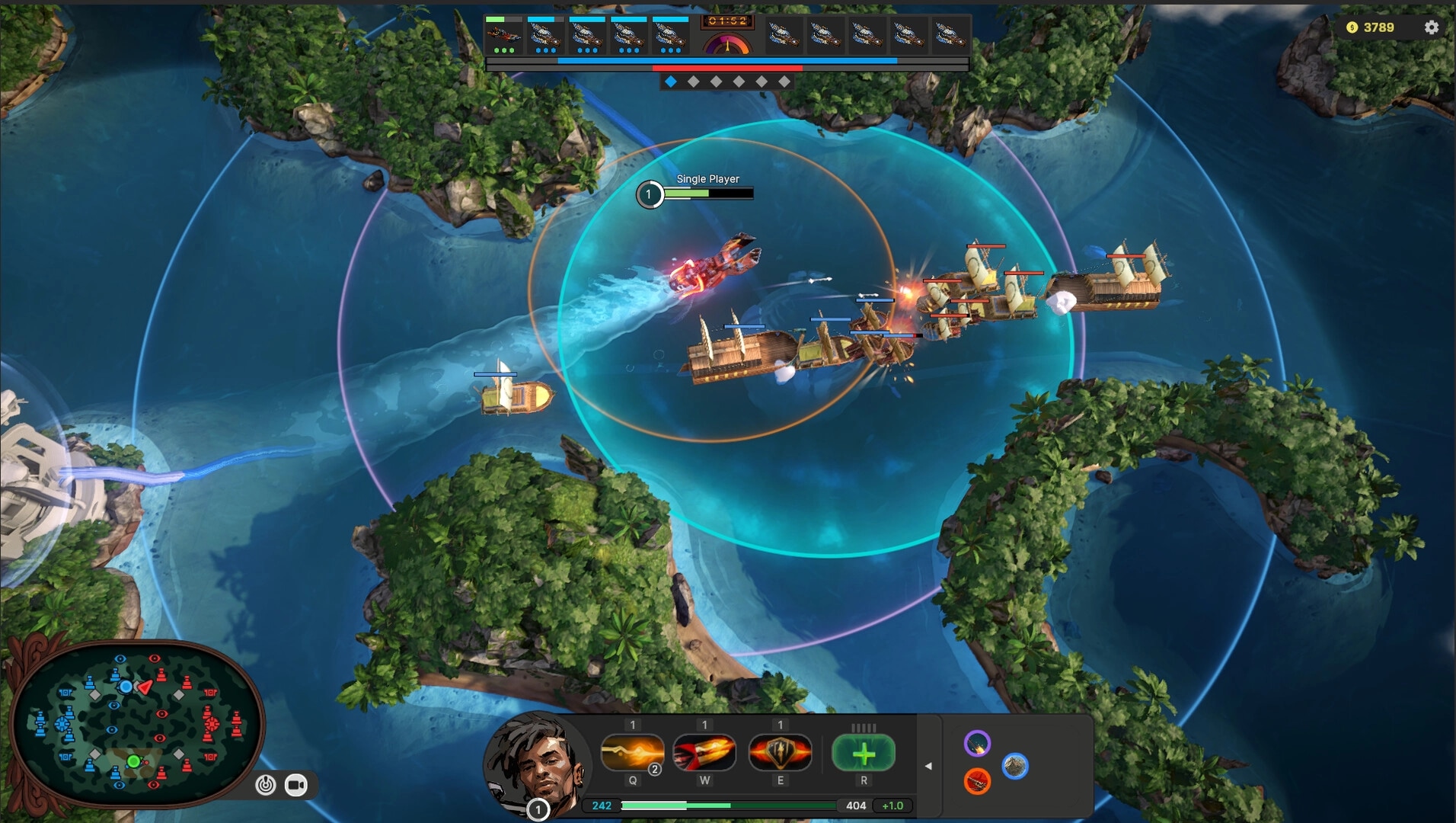 Sirocco: Naval battle with multiple ships in circular attack zones on a tropical ocean map.