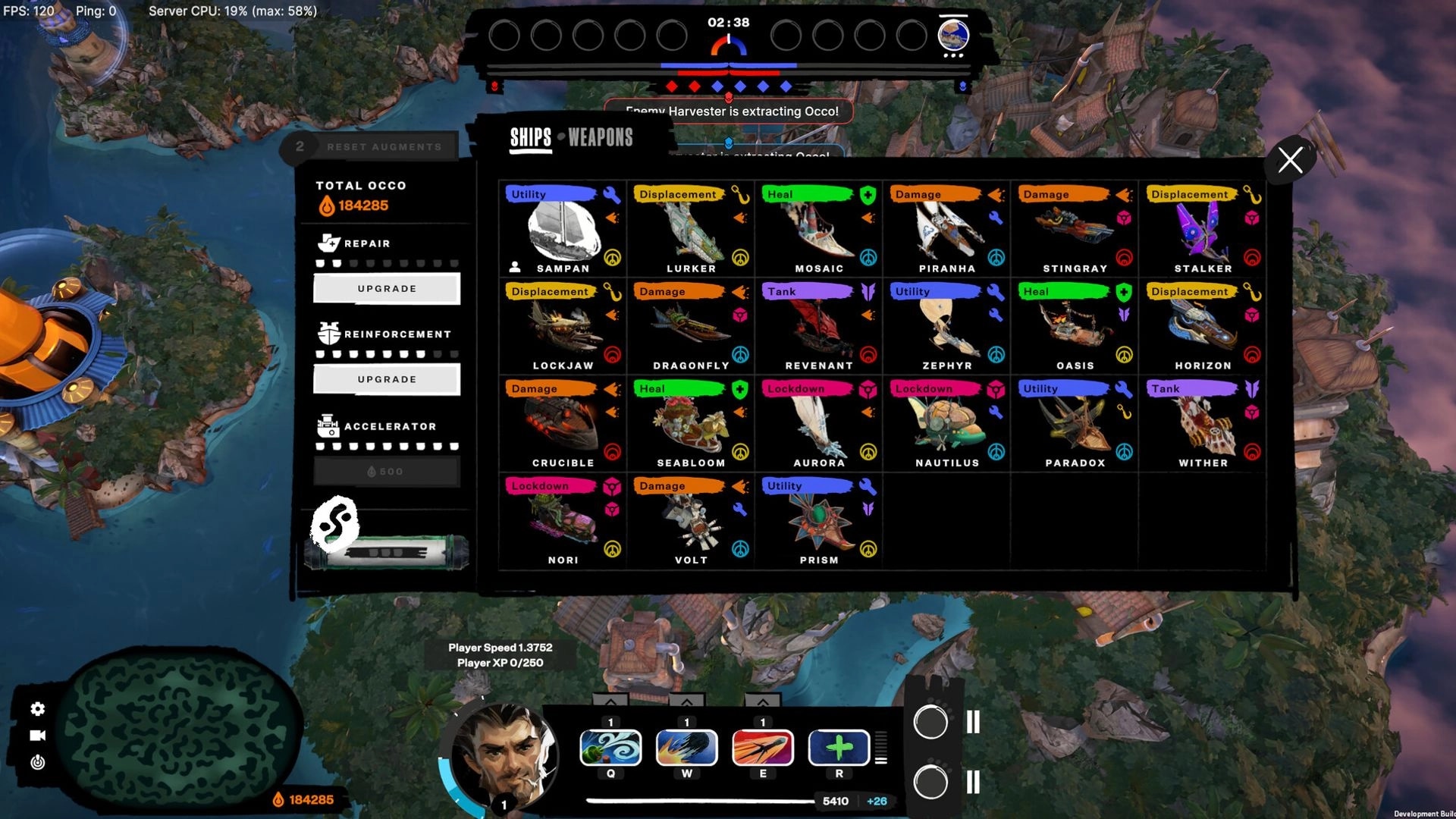 Sirocco: Ship selection screen with various ship types displayed in a vibrant coastal arena setting.
