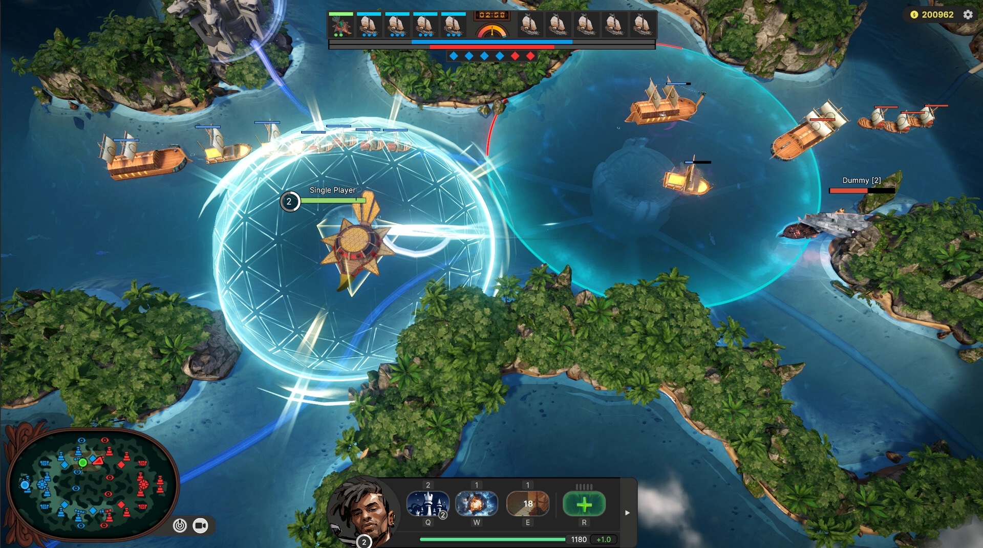 Sirocco: Naval battle with ships and energy fields around islands, player HUD and minimap displayed