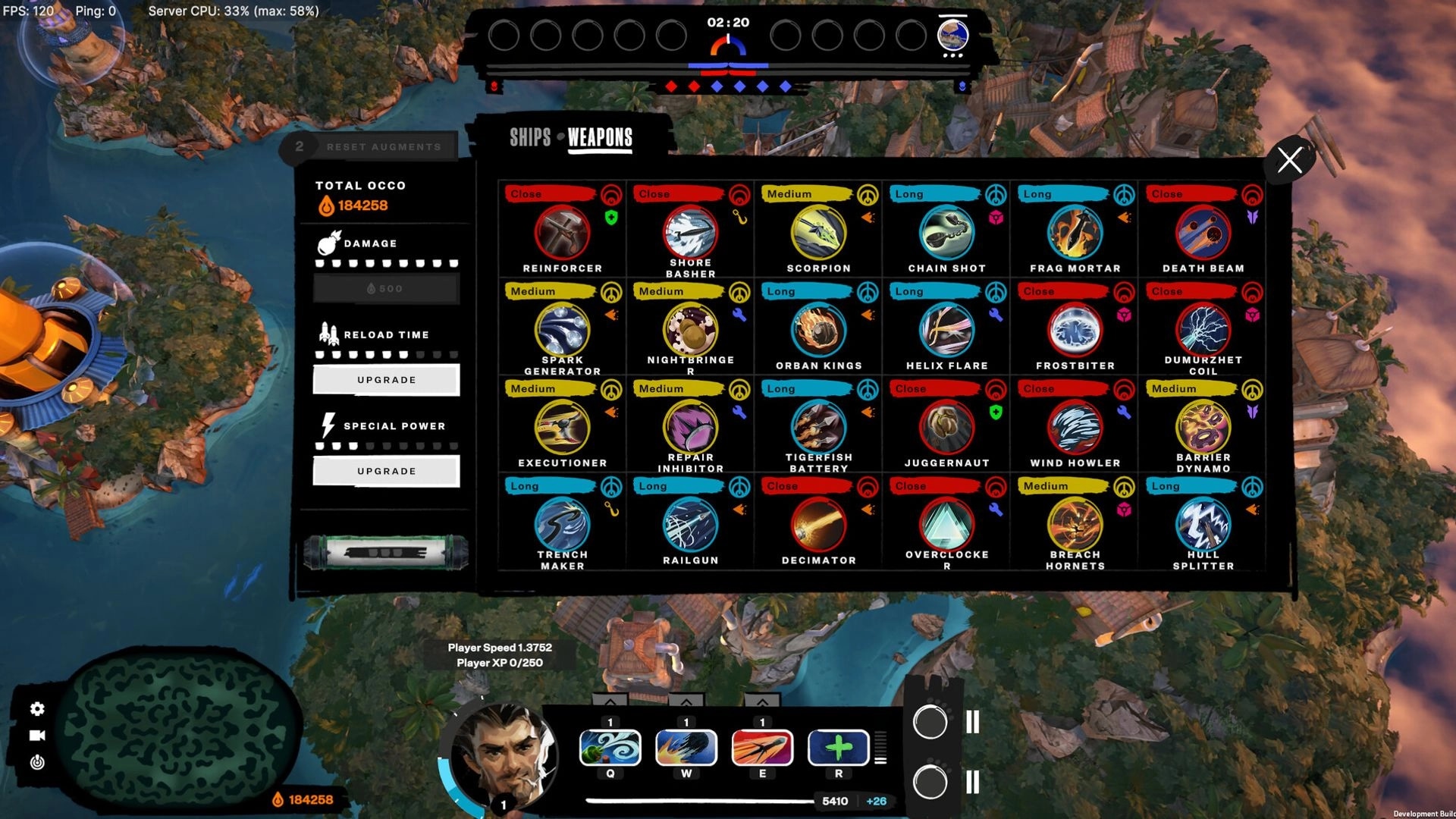Sirocco: Weapon selection screen with various upgrade options and player stats in a coastal arena setting.