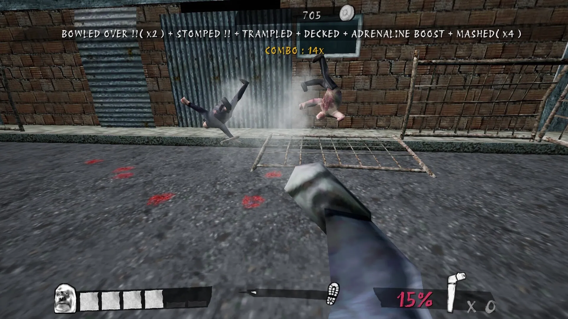Sirocco Thugs: First-person combat with two enemies thrown mid-air in gritty urban alleyway setting