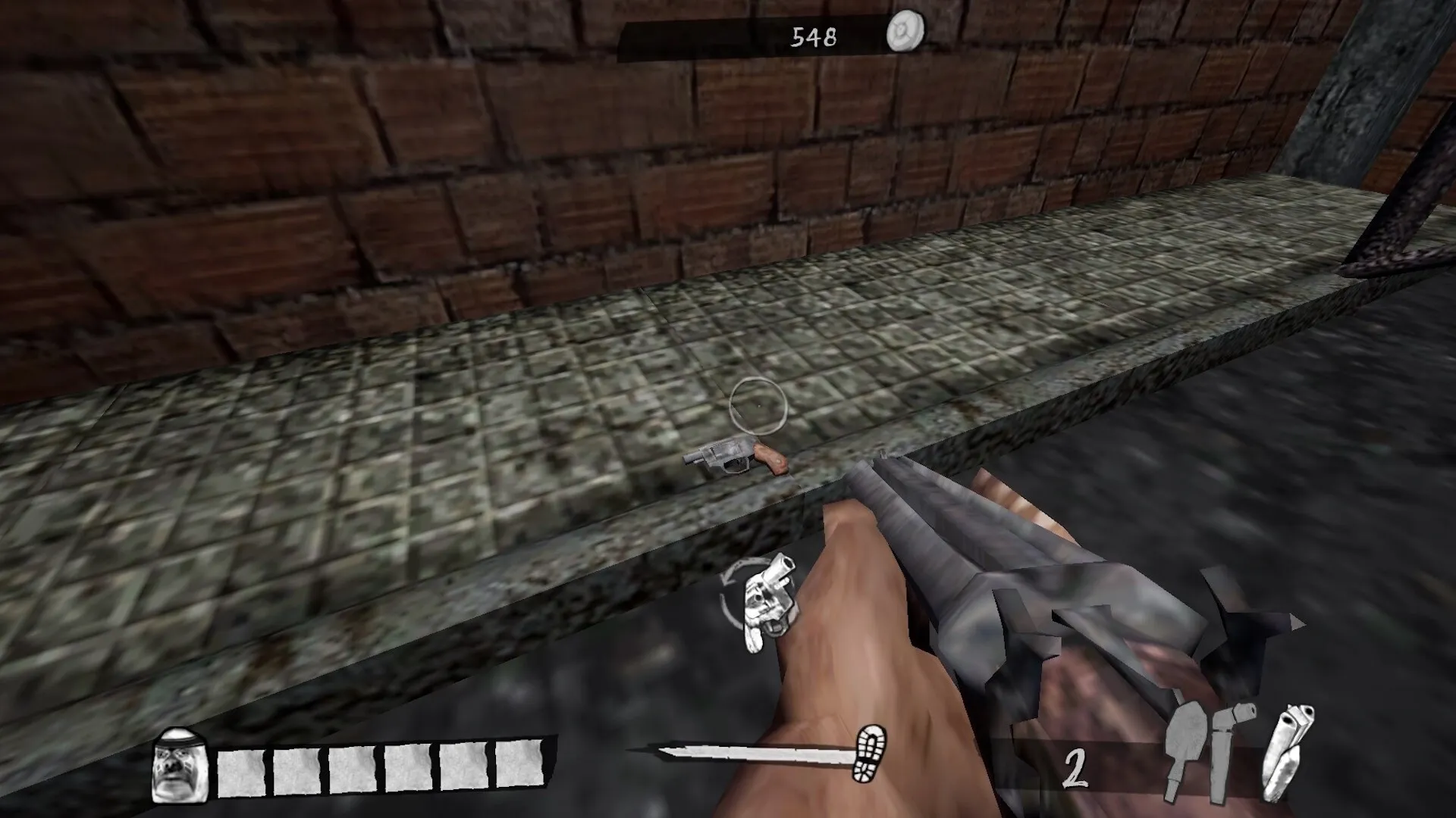 Sirocco Thugs: Player aiming revolver at ground near brick wall with visible health and ammo UI