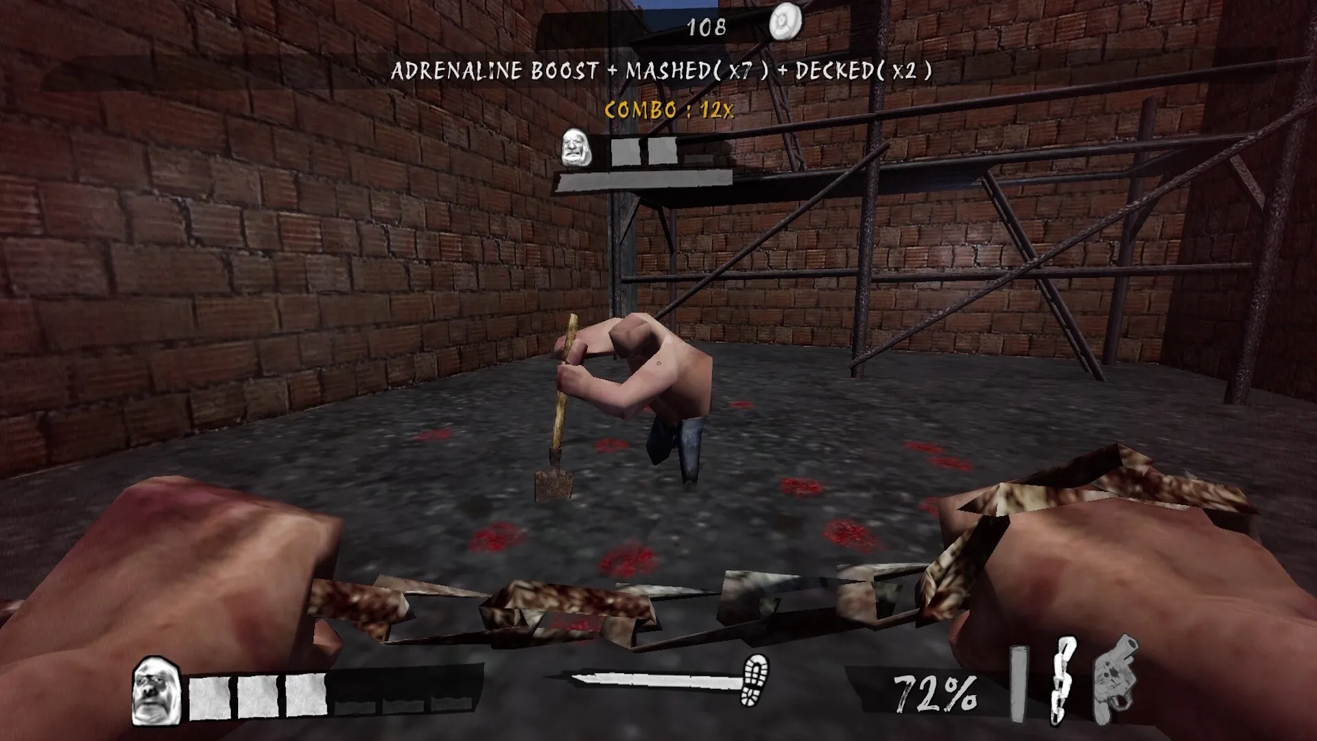 Sirocco Thugs: Player engages in melee combat with a shirtless enemy in a brick-walled alleyway.