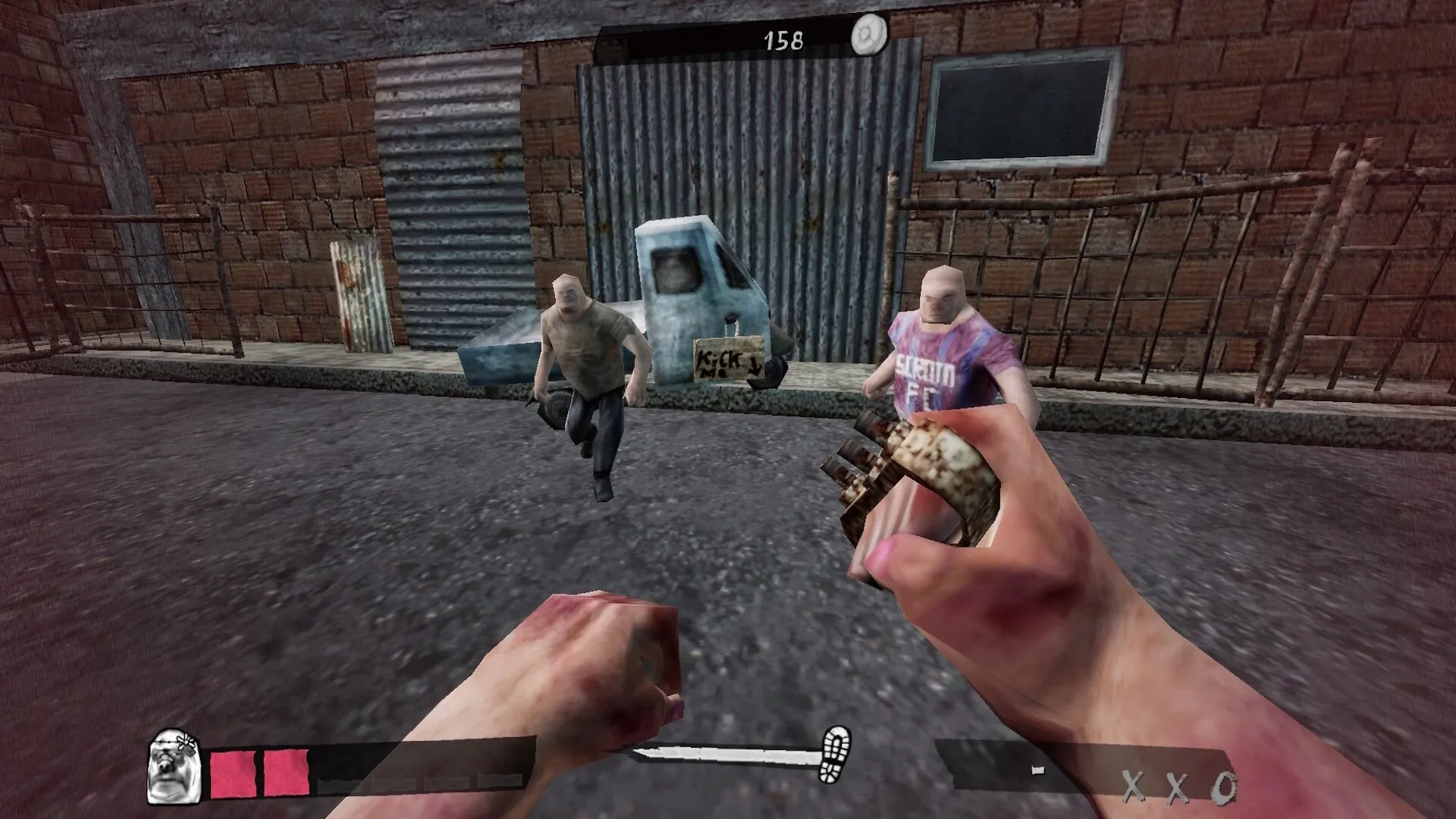 Sirocco Thugs: First-person street brawl with two thugs near corrugated metal wall in gritty urban alley.