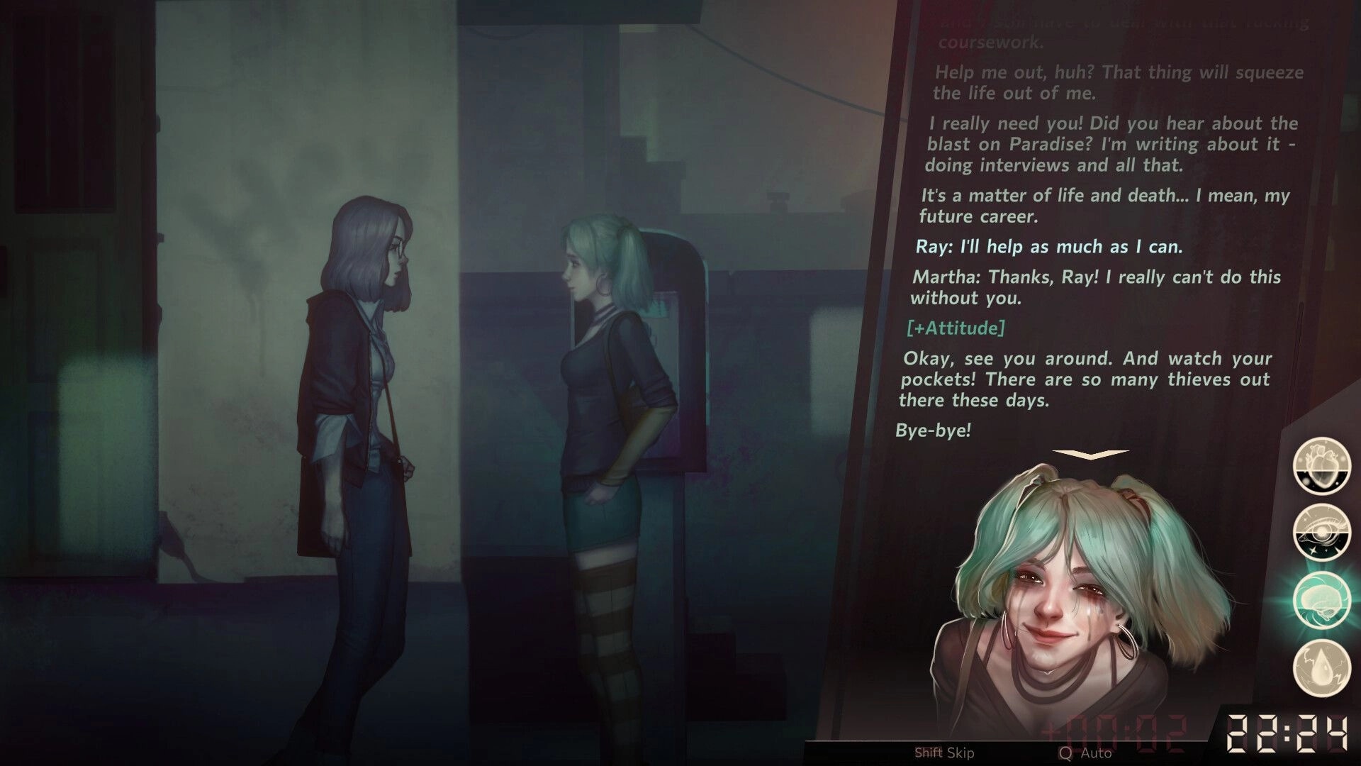 Sister Ray: Ray and Martha converse in a dim alleyway, dialogue choices displayed on the screen.